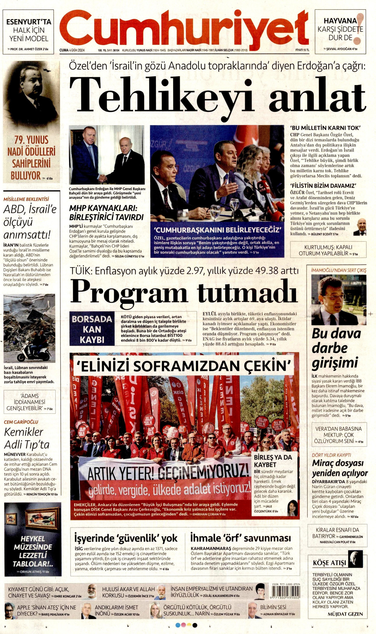 CUMHURİYET gazetesinin 4 Ekim 2024 tarihli birinci sayfası