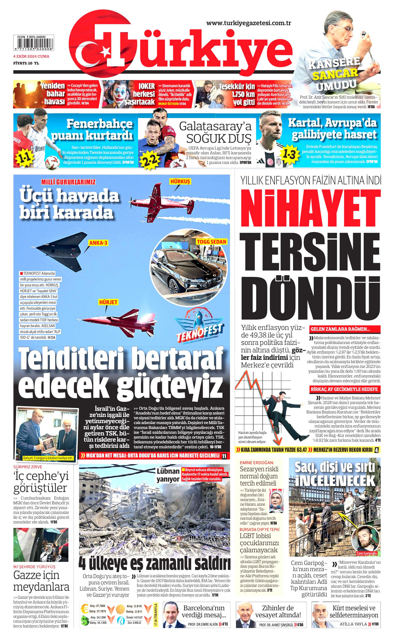 TÜRKİYE GAZETESİ gazetesinin 4 Ekim 2024 tarihli birinci sayfası