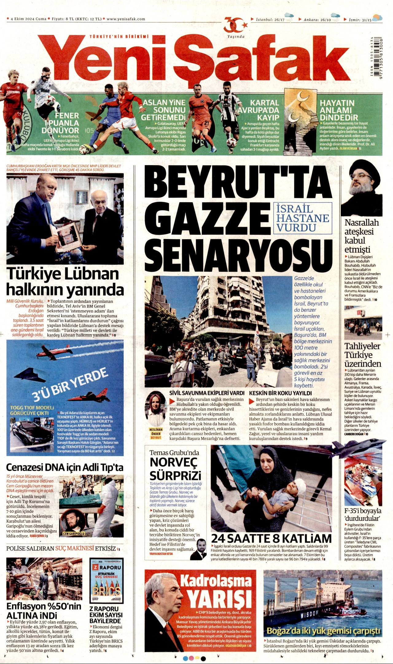 YENİ ŞAFAK gazetesinin 4 Ekim 2024 tarihli birinci sayfası