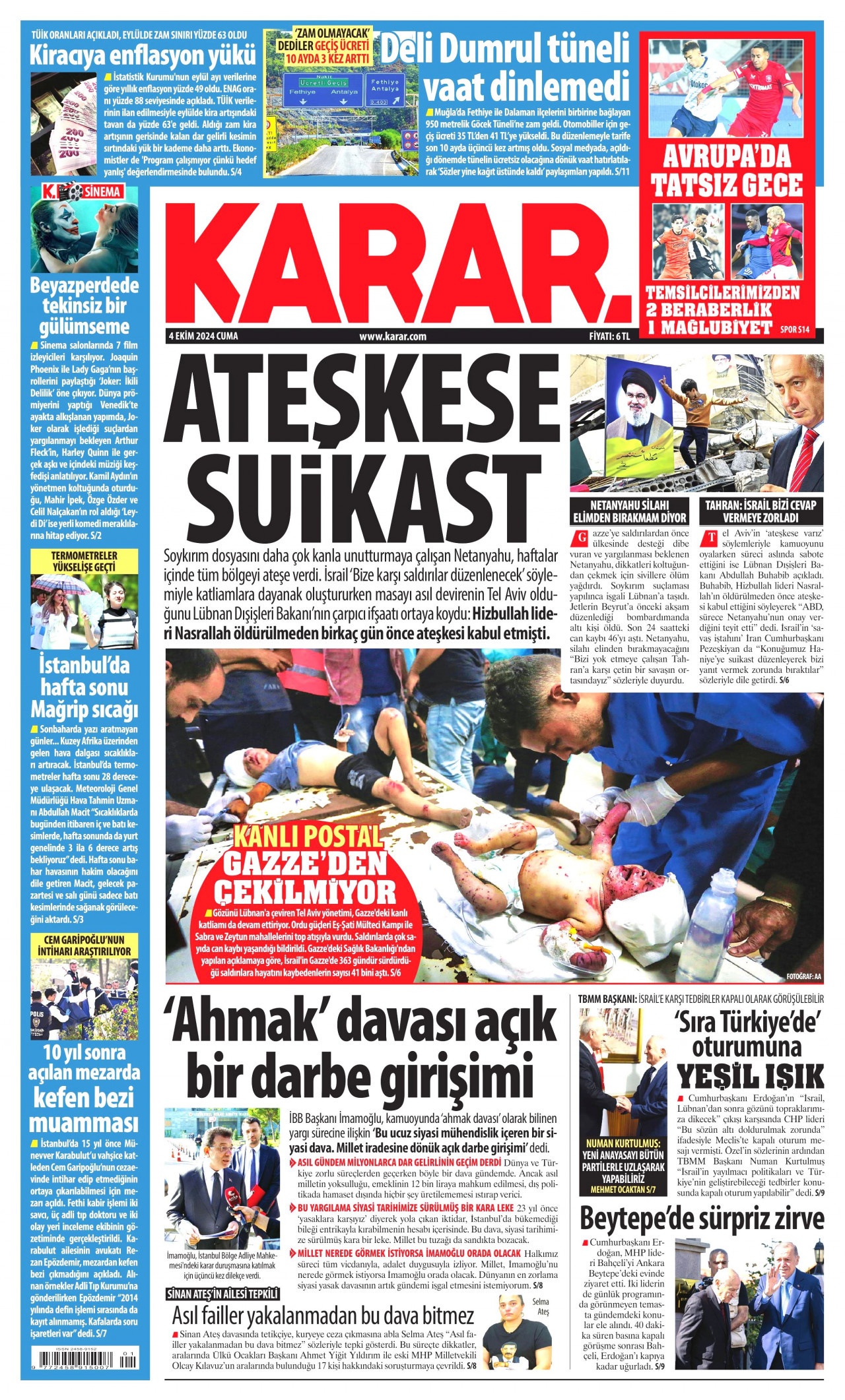 KARAR gazetesinin 4 Ekim 2024 tarihli birinci sayfası