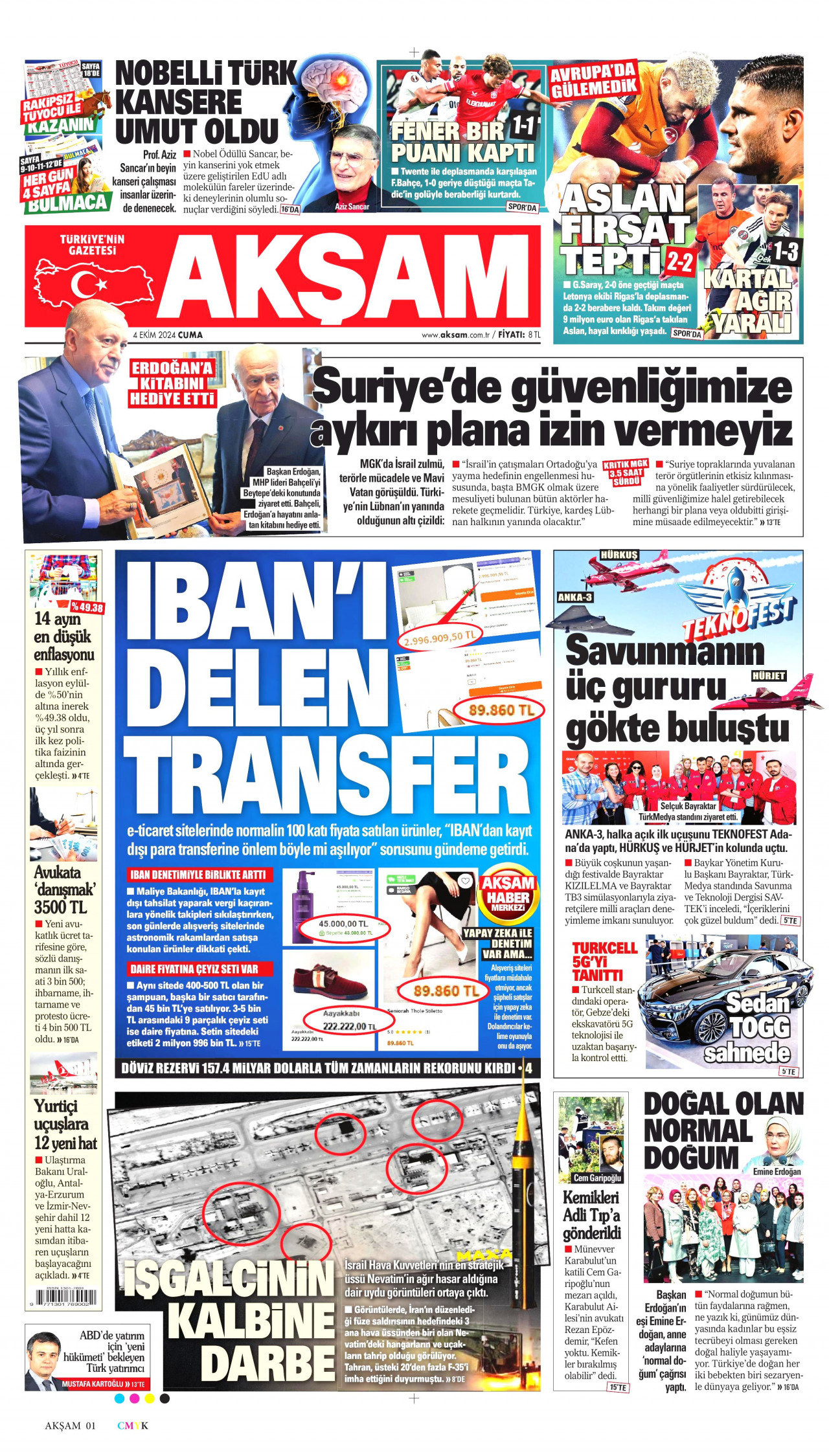 AKŞAM gazetesinin 4 Ekim 2024 tarihli birinci sayfası