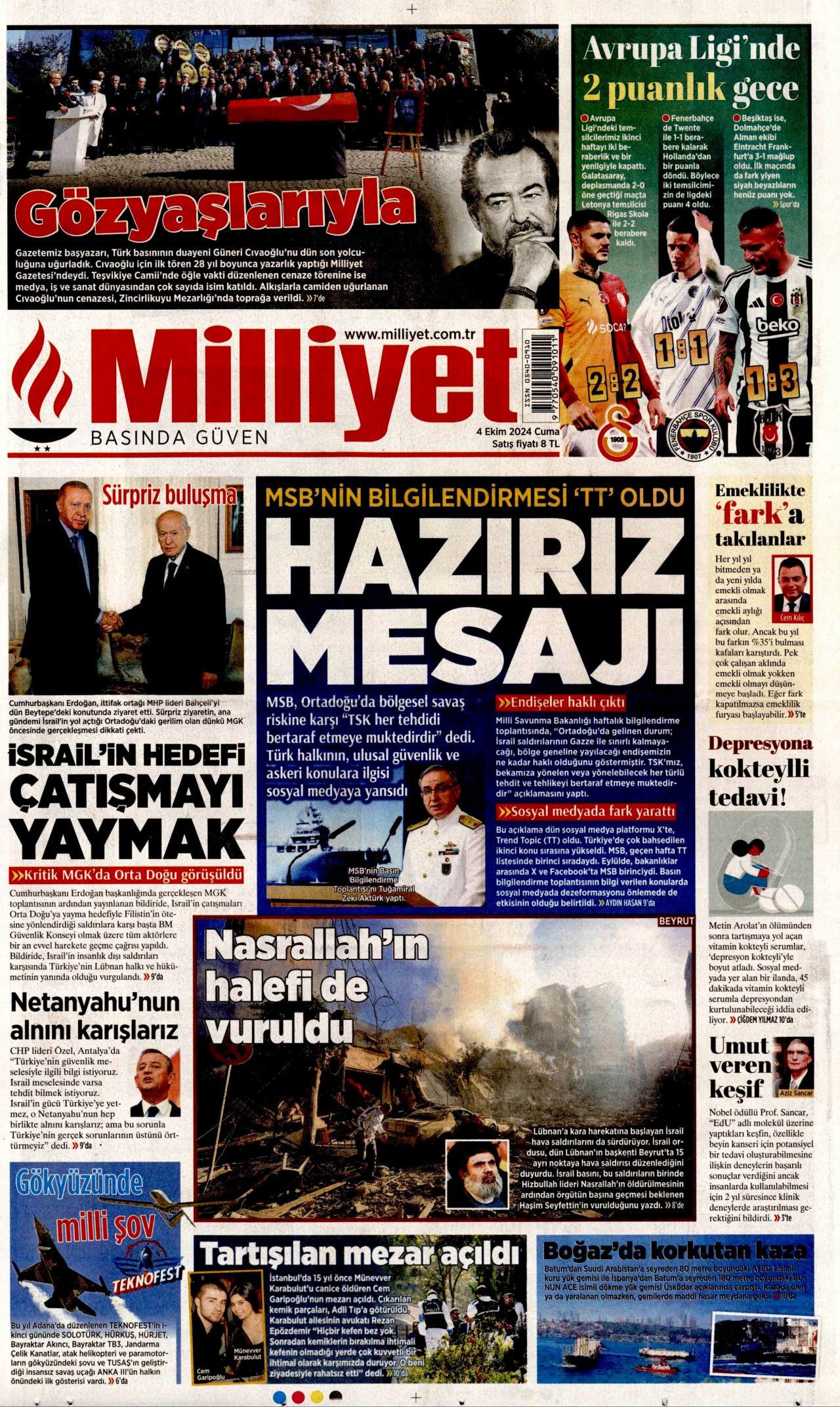 MİLLİYET gazetesinin 4 Ekim 2024 tarihli birinci sayfası