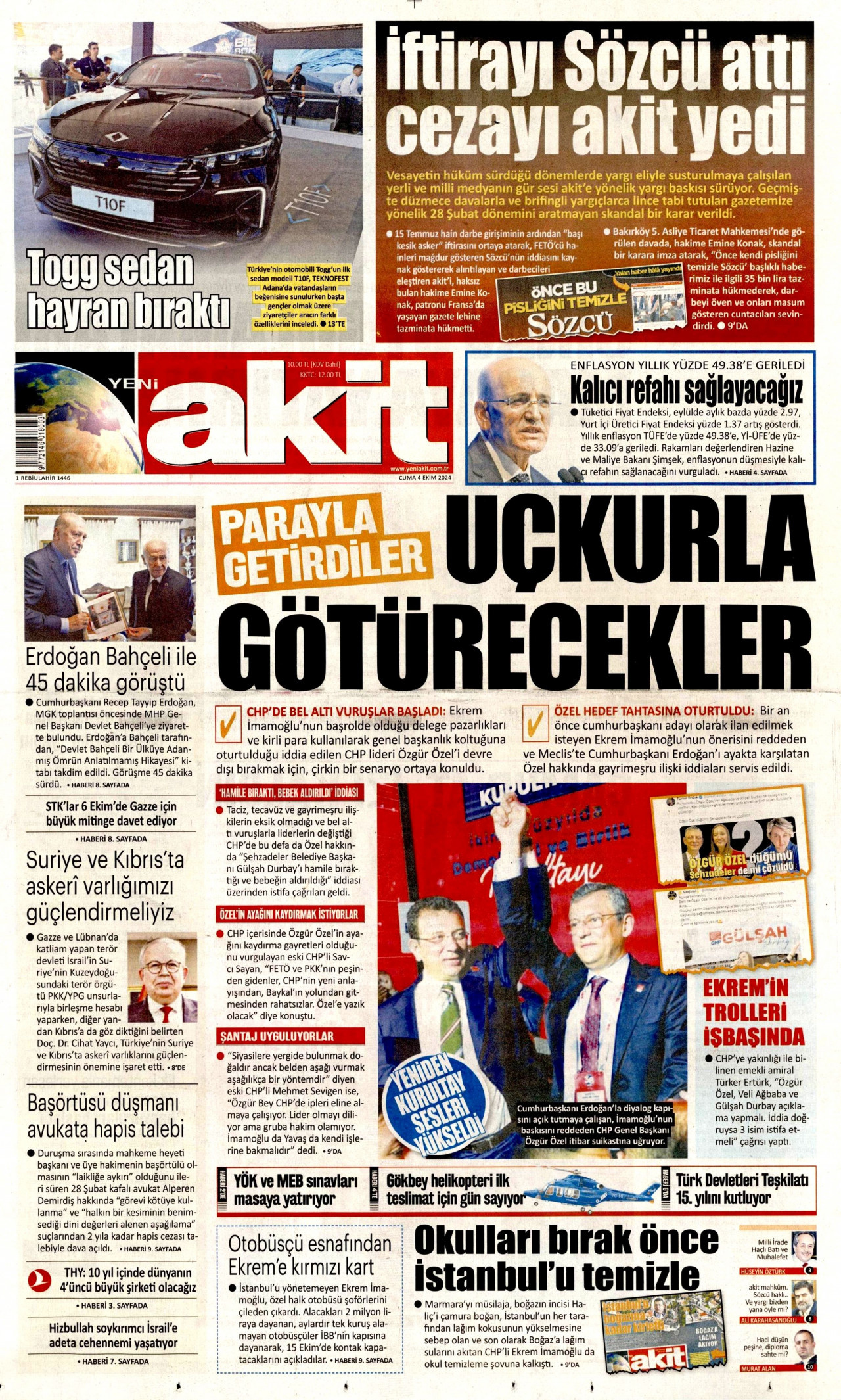 YENİ AKİT gazetesinin 4 Ekim 2024 tarihli birinci sayfası