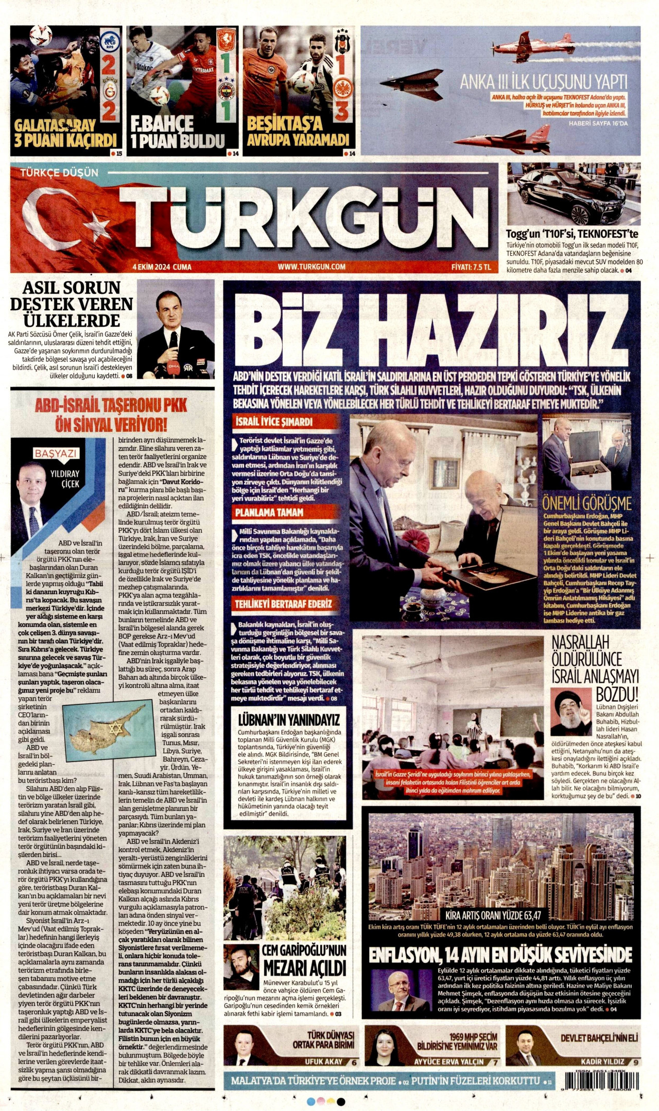 TÜRKGÜN gazetesinin 4 Ekim 2024 tarihli birinci sayfası