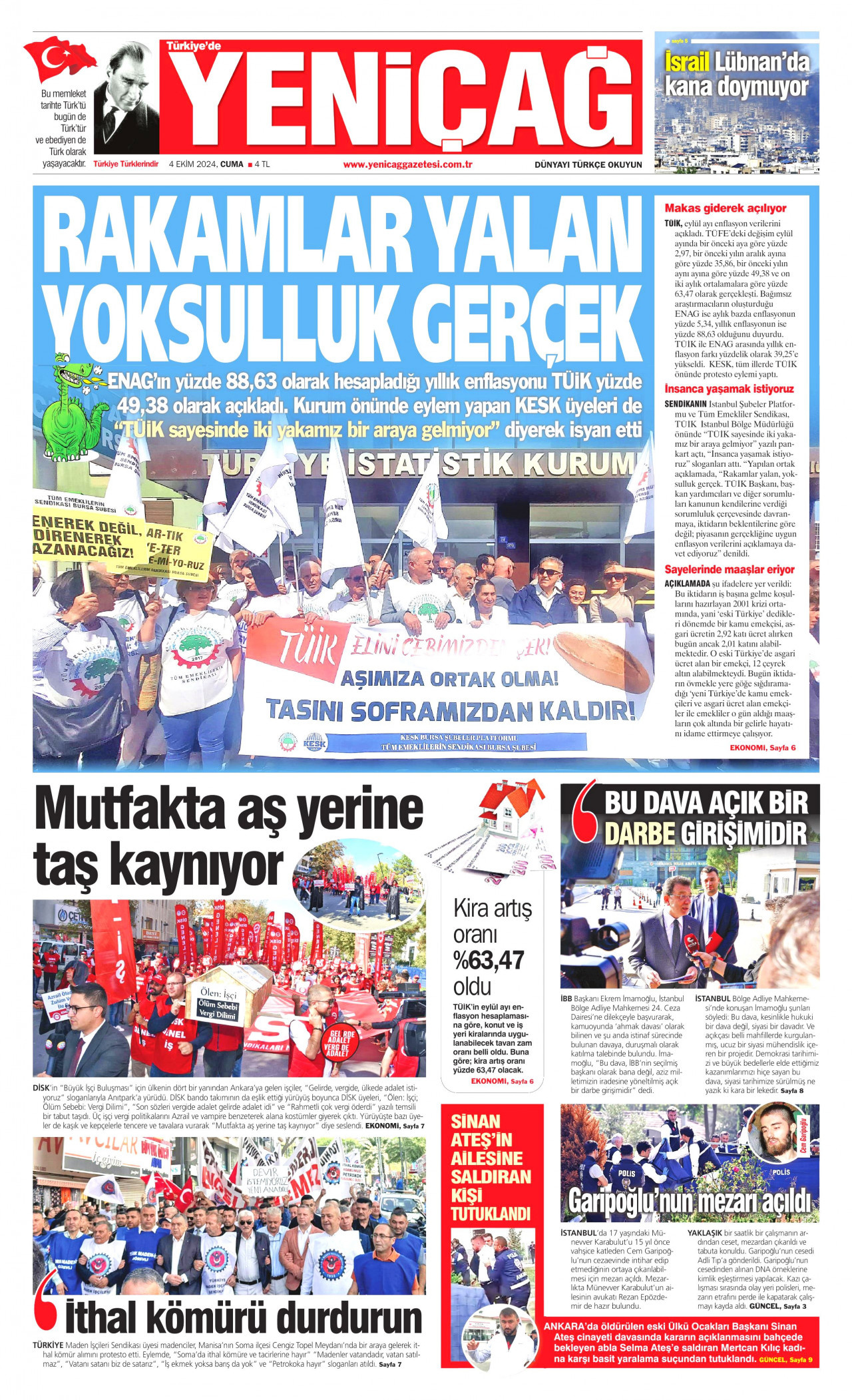 YENİÇAĞ gazetesinin 4 Ekim 2024 tarihli birinci sayfası