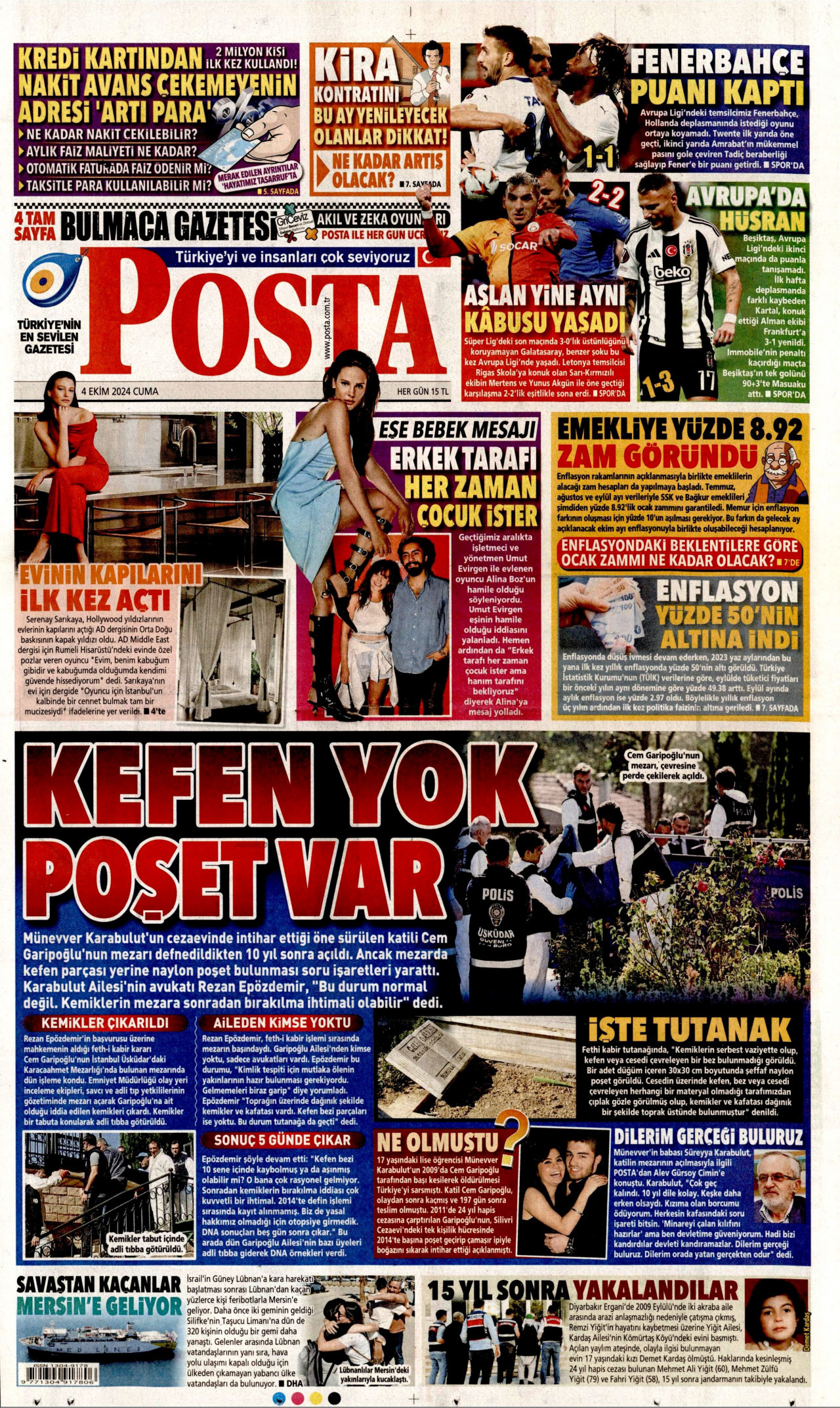 POSTA gazetesinin 4 Ekim 2024 tarihli birinci sayfası