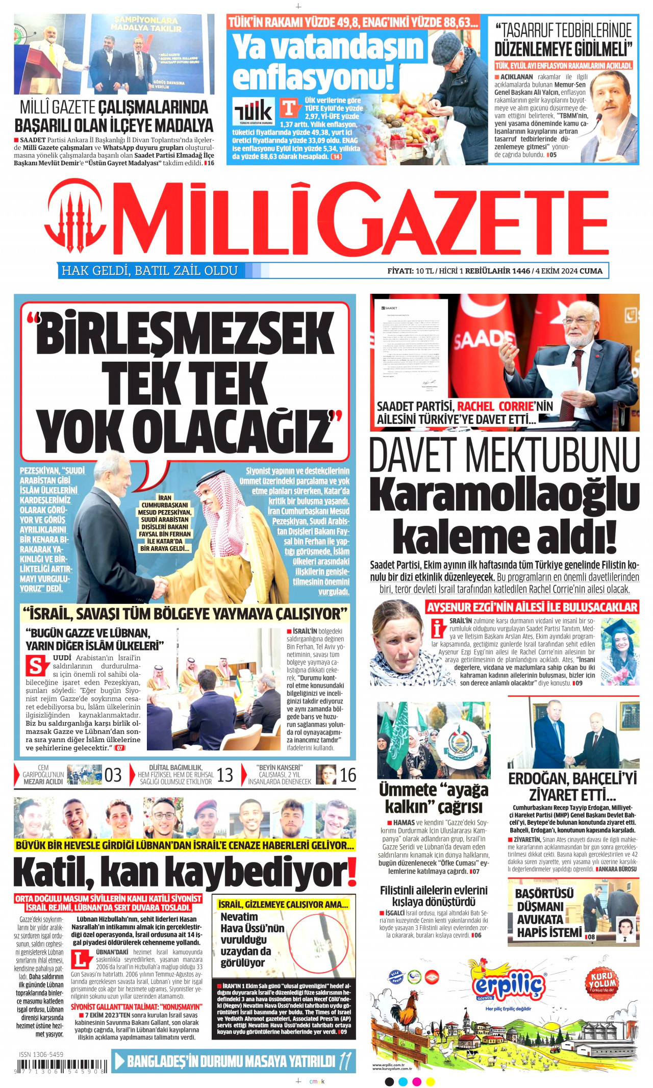 MİLLİ GAZETE gazetesinin 4 Ekim 2024 tarihli birinci sayfası
