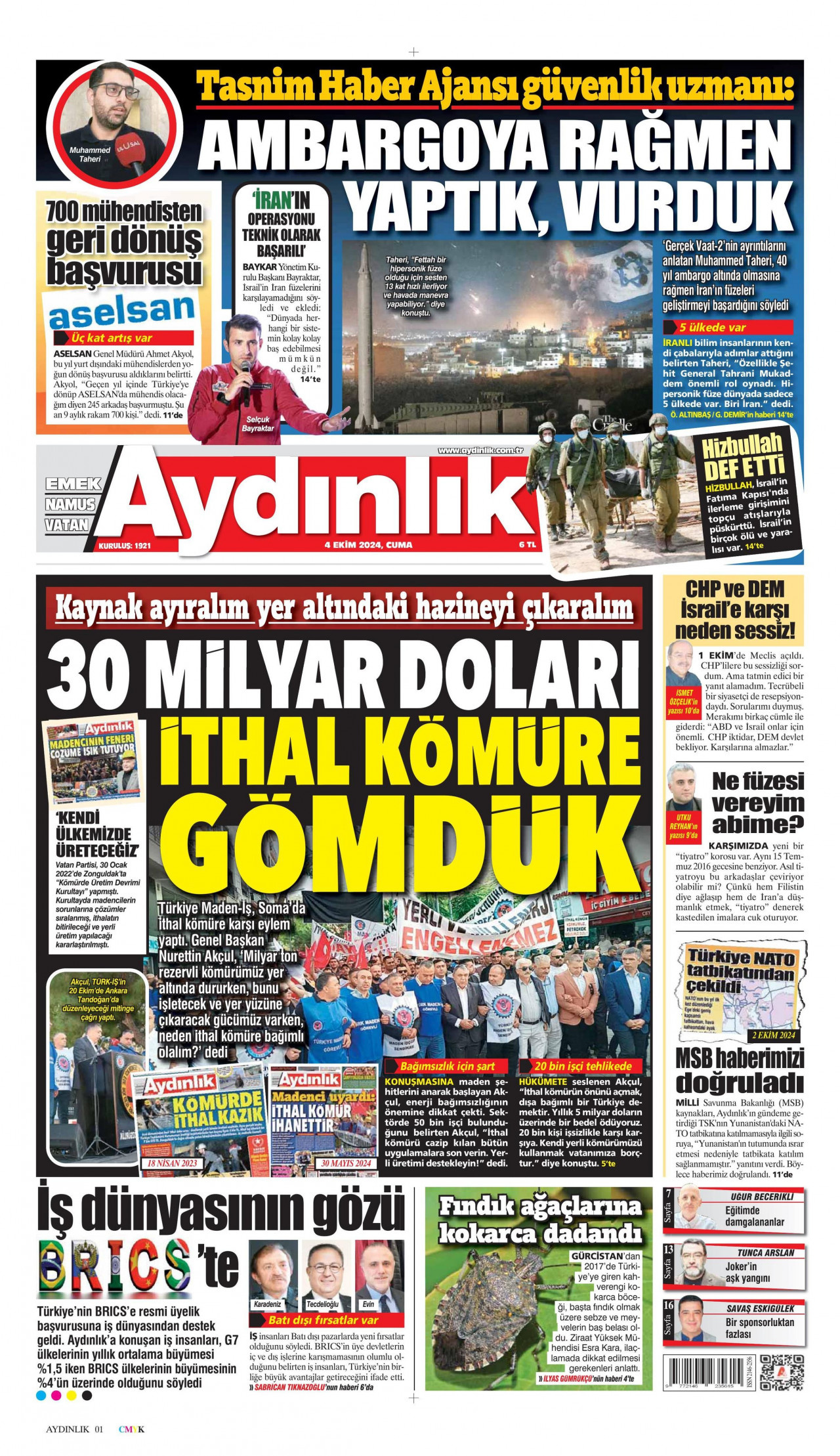 AYDINLIK GAZETESİ gazetesinin 4 Ekim 2024 tarihli birinci sayfası