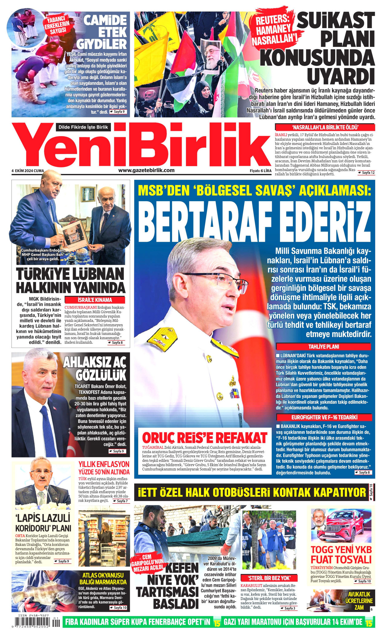 YENİBİRLİK gazetesinin 4 Ekim 2024 tarihli birinci sayfası