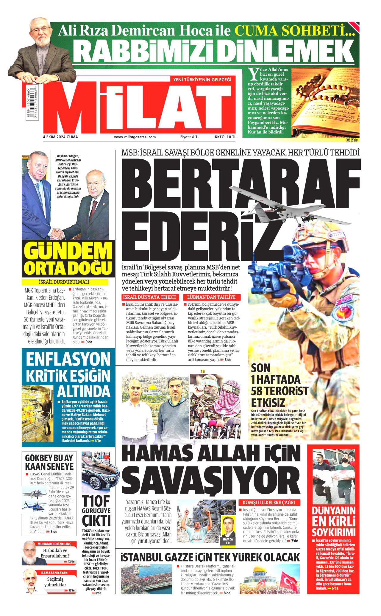 MİLAT gazetesinin 4 Ekim 2024 tarihli birinci sayfası
