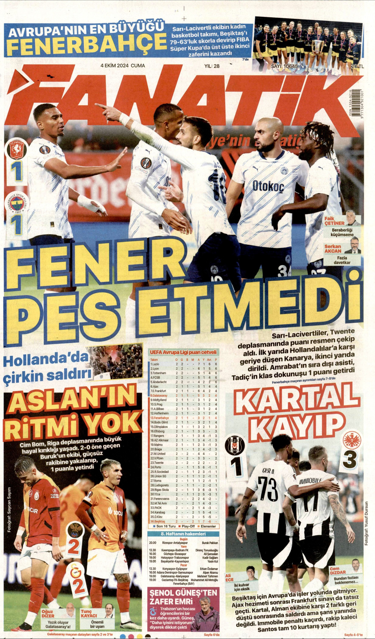 FANATİK gazetesinin 4 Ekim 2024 tarihli birinci sayfası