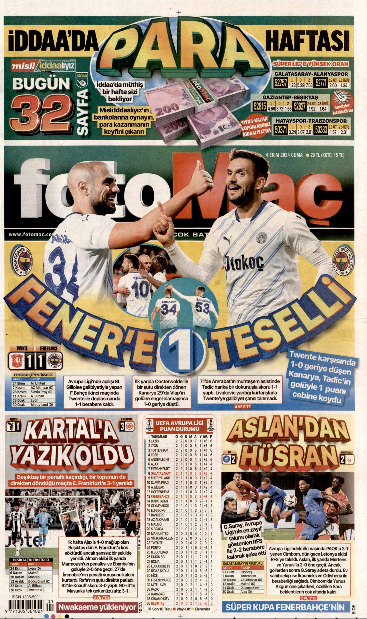 FOTOMAÇ gazetesinin 4 Ekim 2024 tarihli birinci sayfası