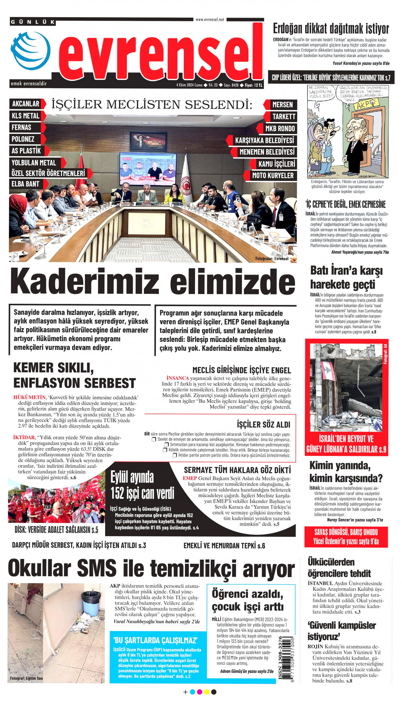 EVRENSEL gazetesinin 4 Ekim 2024 tarihli birinci sayfası