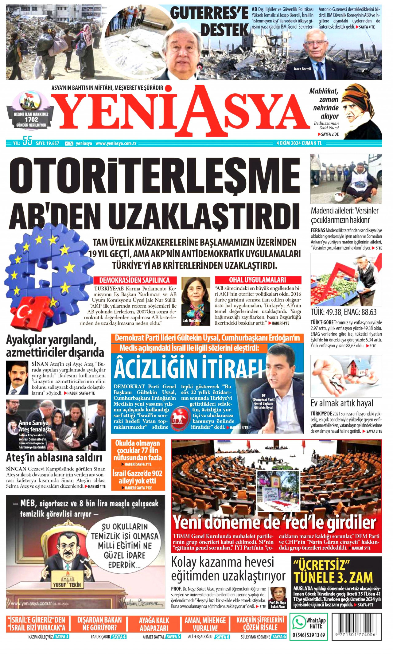 YENİ ASYA gazetesinin 4 Ekim 2024 tarihli birinci sayfası