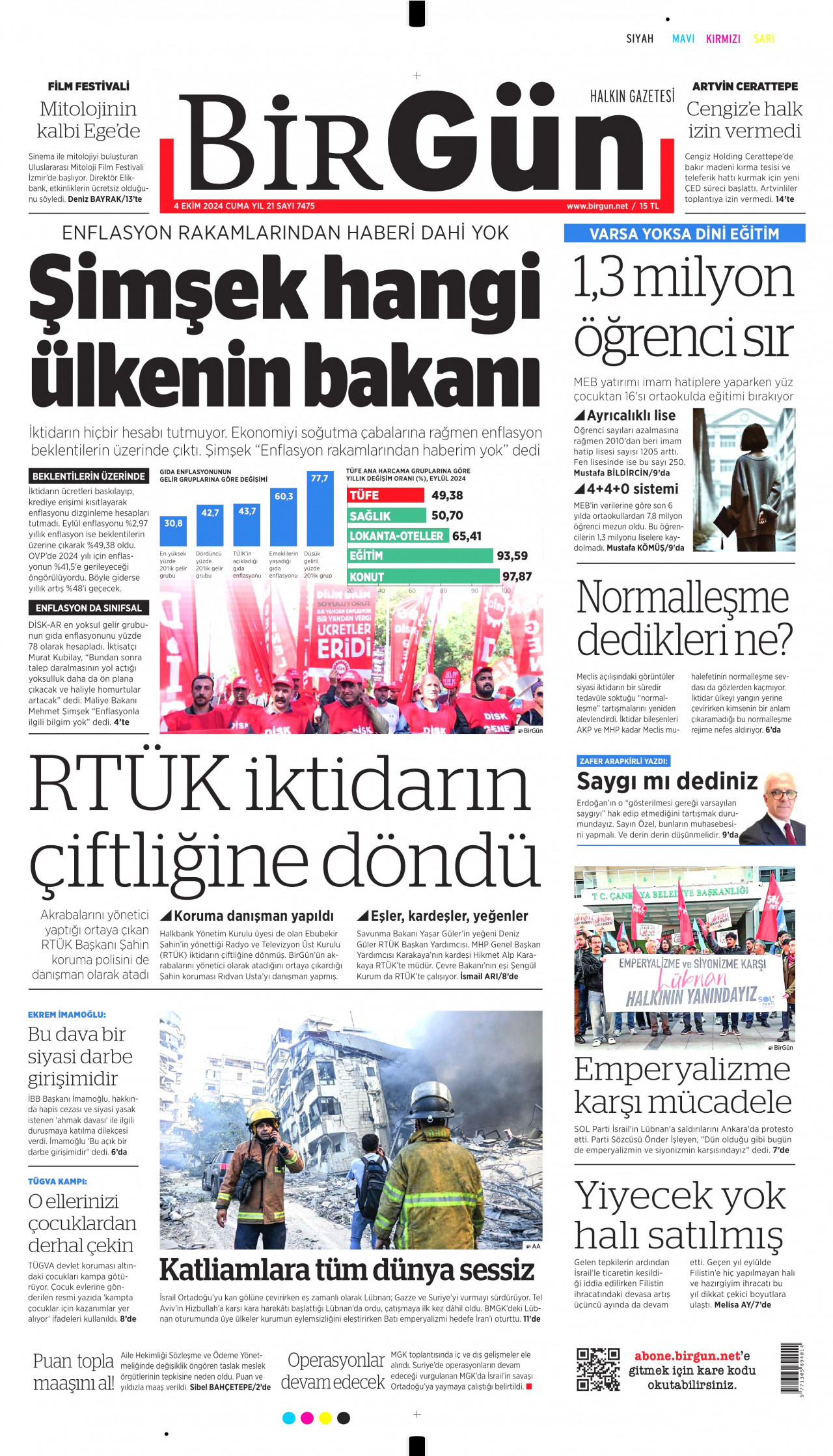 BİRGÜN gazetesinin 4 Ekim 2024 tarihli birinci sayfası