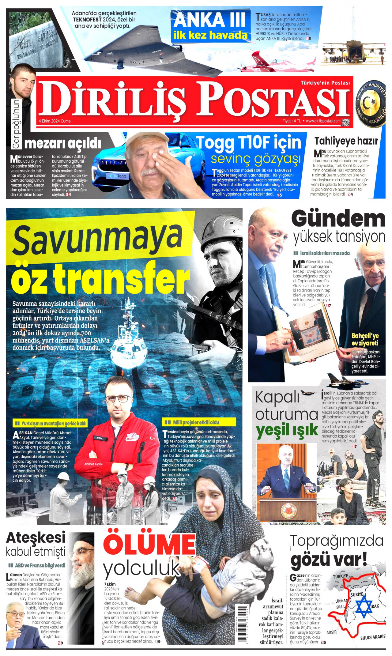 DİRİLİŞ POSTASI gazetesinin 4 Ekim 2024 tarihli birinci sayfası