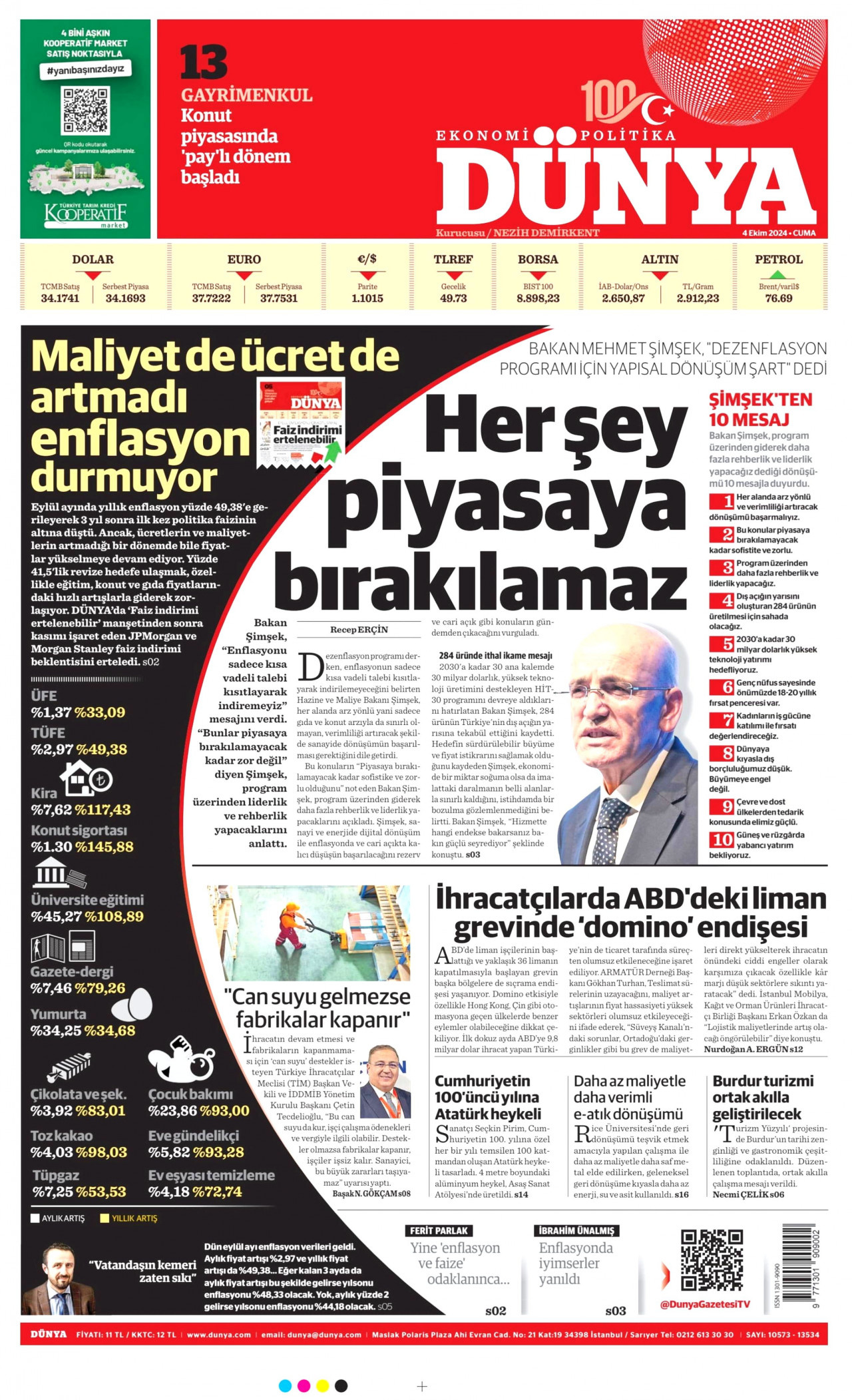 DÜNYA gazetesinin 4 Ekim 2024 tarihli birinci sayfası