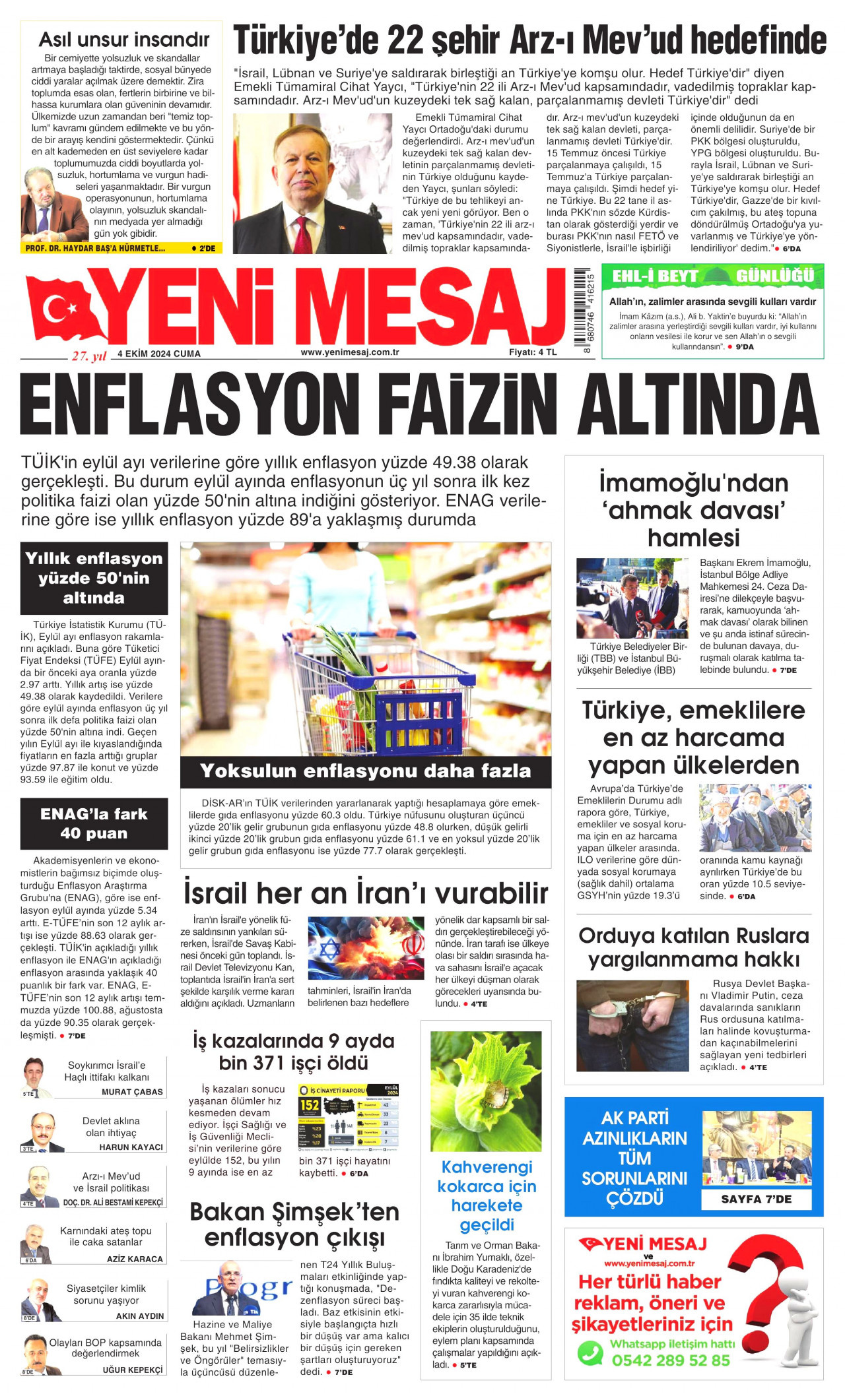 YENİ MESAJ gazetesinin 4 Ekim 2024 tarihli birinci sayfası
