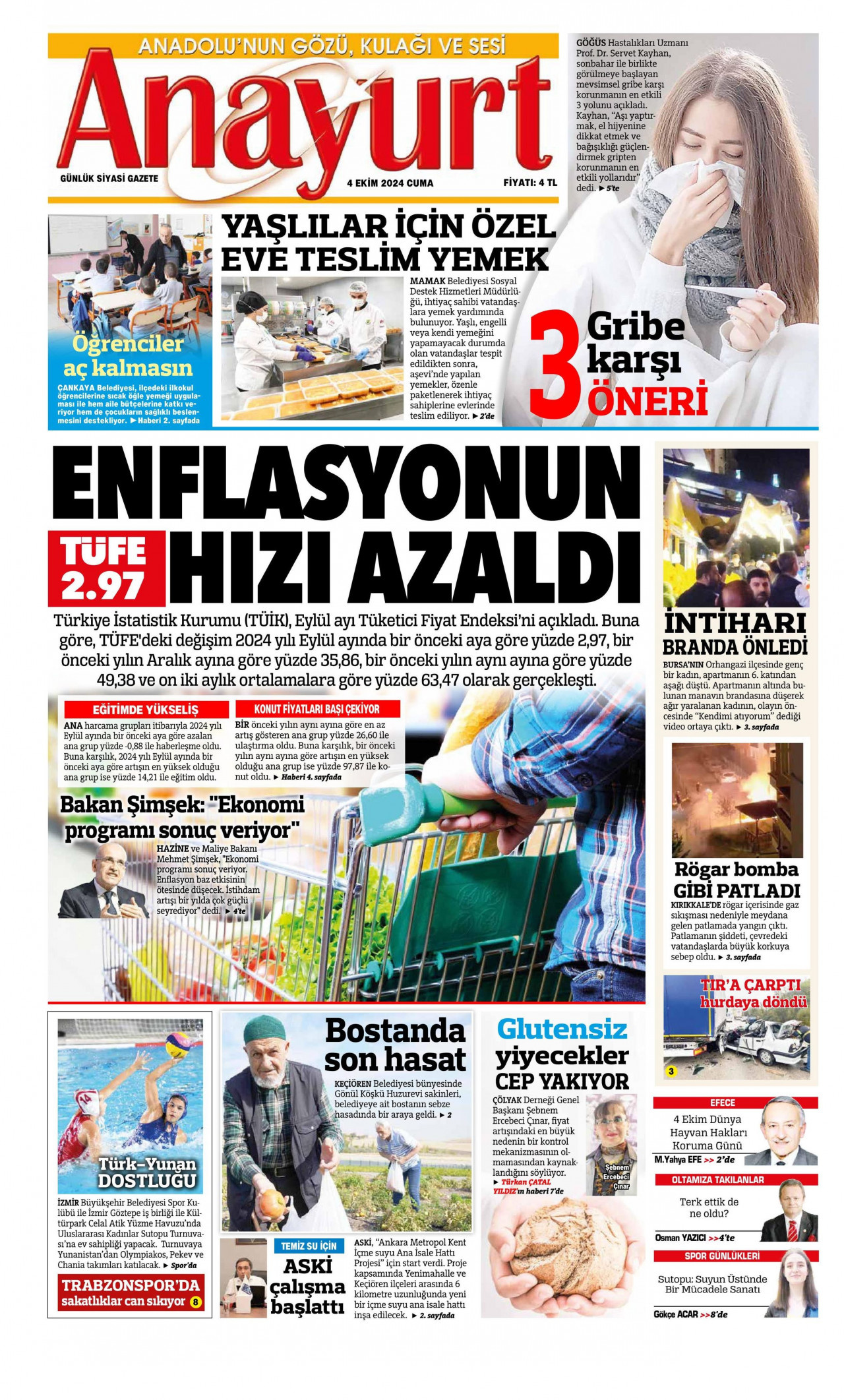 ANAYURT gazetesinin 4 Ekim 2024 tarihli birinci sayfası