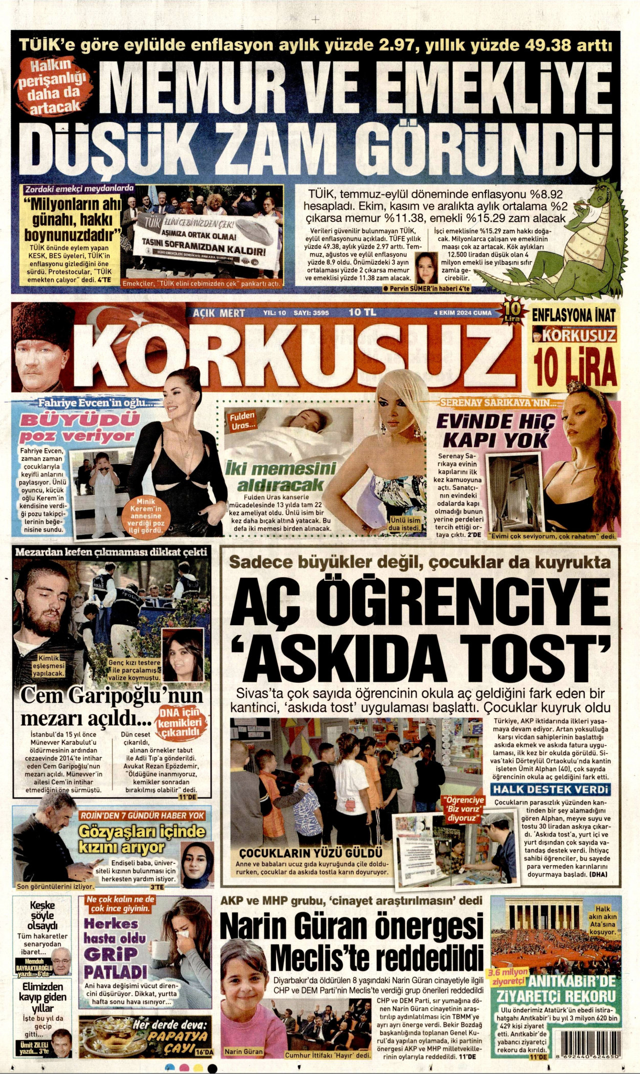 KORKUSUZ gazetesinin 4 Ekim 2024 tarihli birinci sayfası