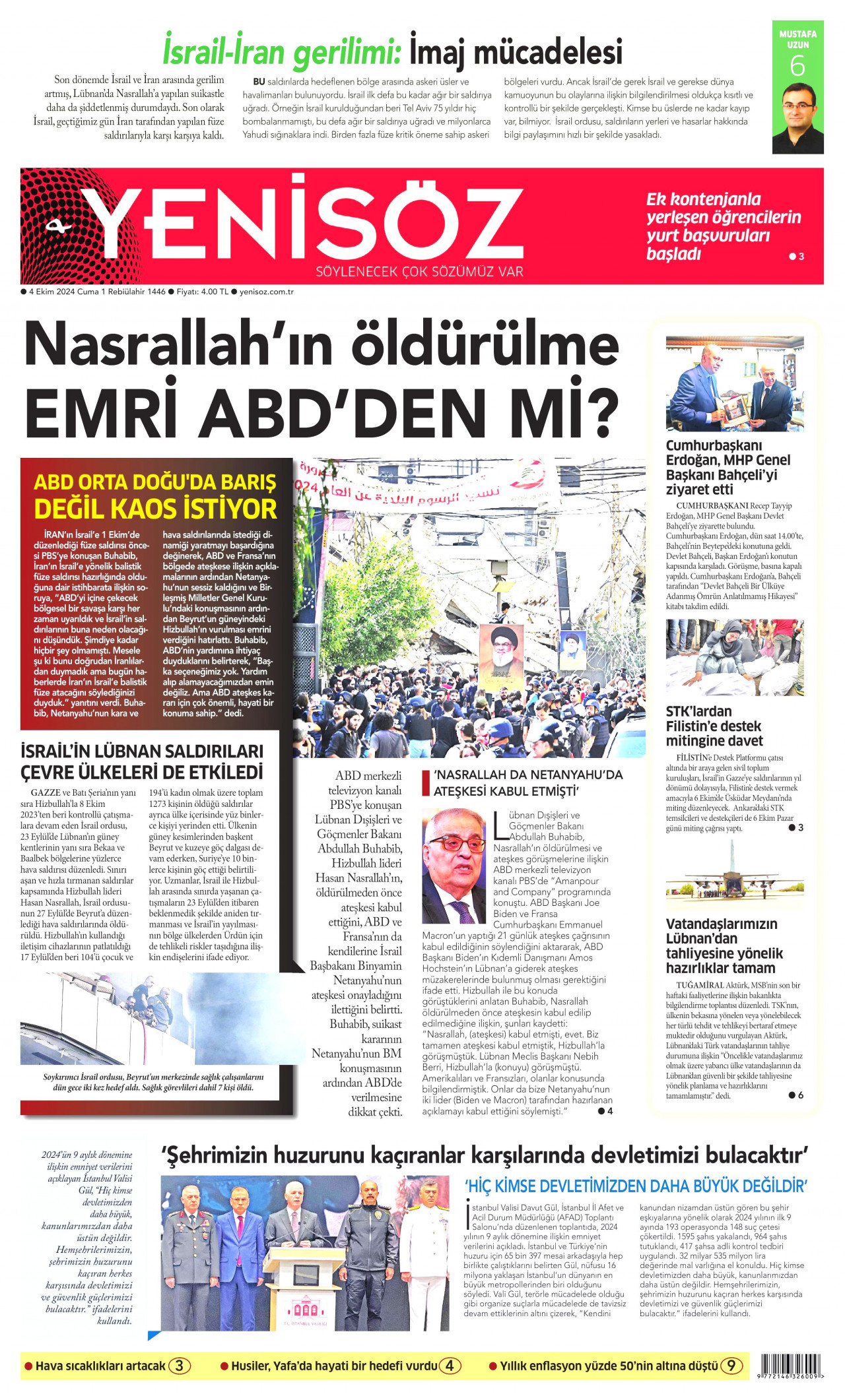 YENİ SÖZ GAZETESİ gazetesinin 4 Ekim 2024 tarihli birinci sayfası
