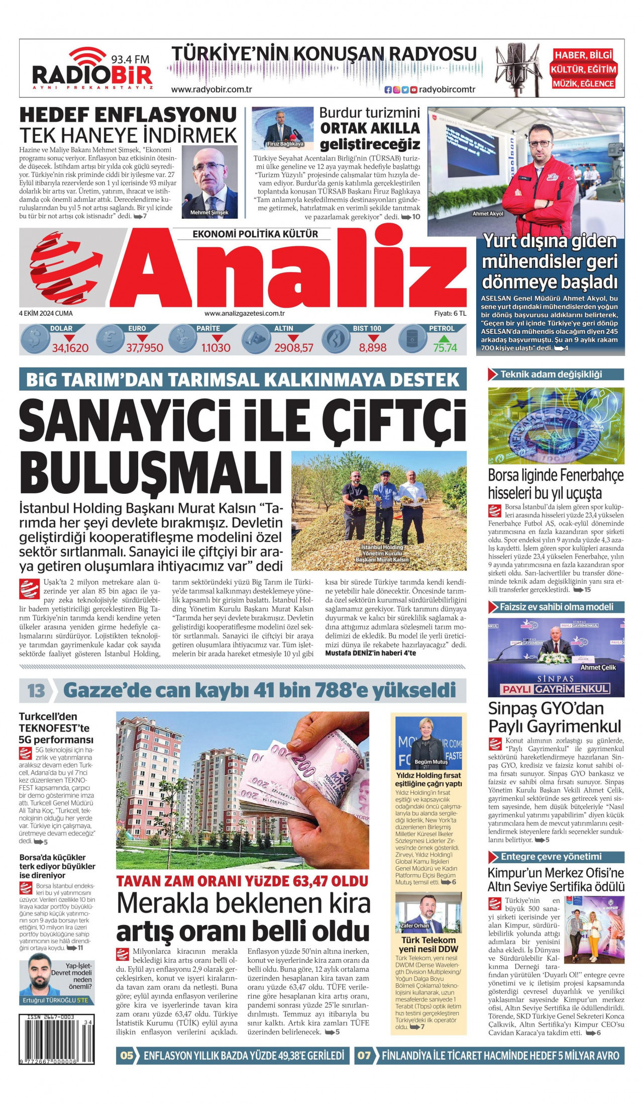 ANALİZ gazetesinin 4 Ekim 2024 tarihli birinci sayfası