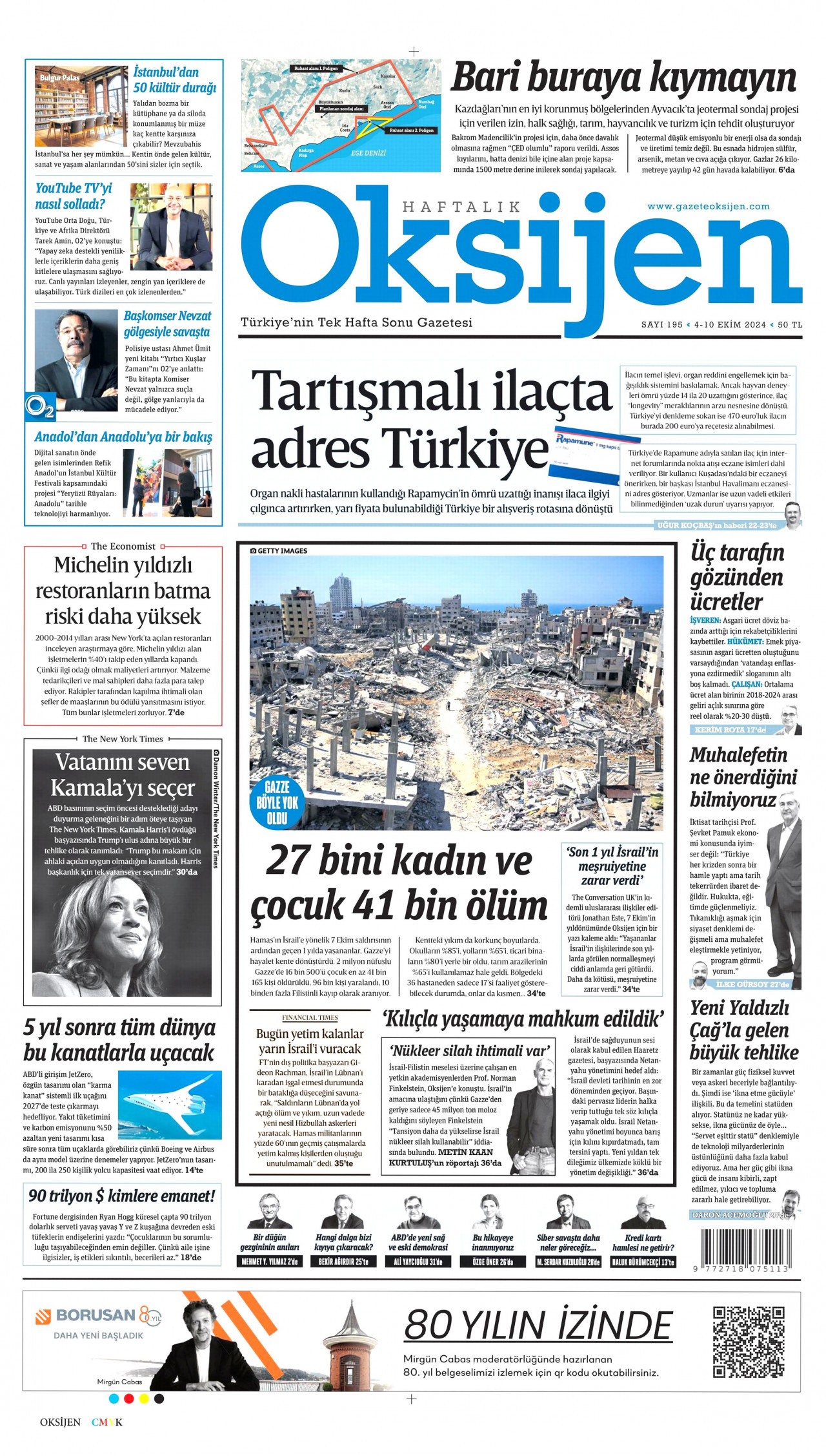OKSİJEN gazetesinin 4 Ekim 2024 tarihli birinci sayfası