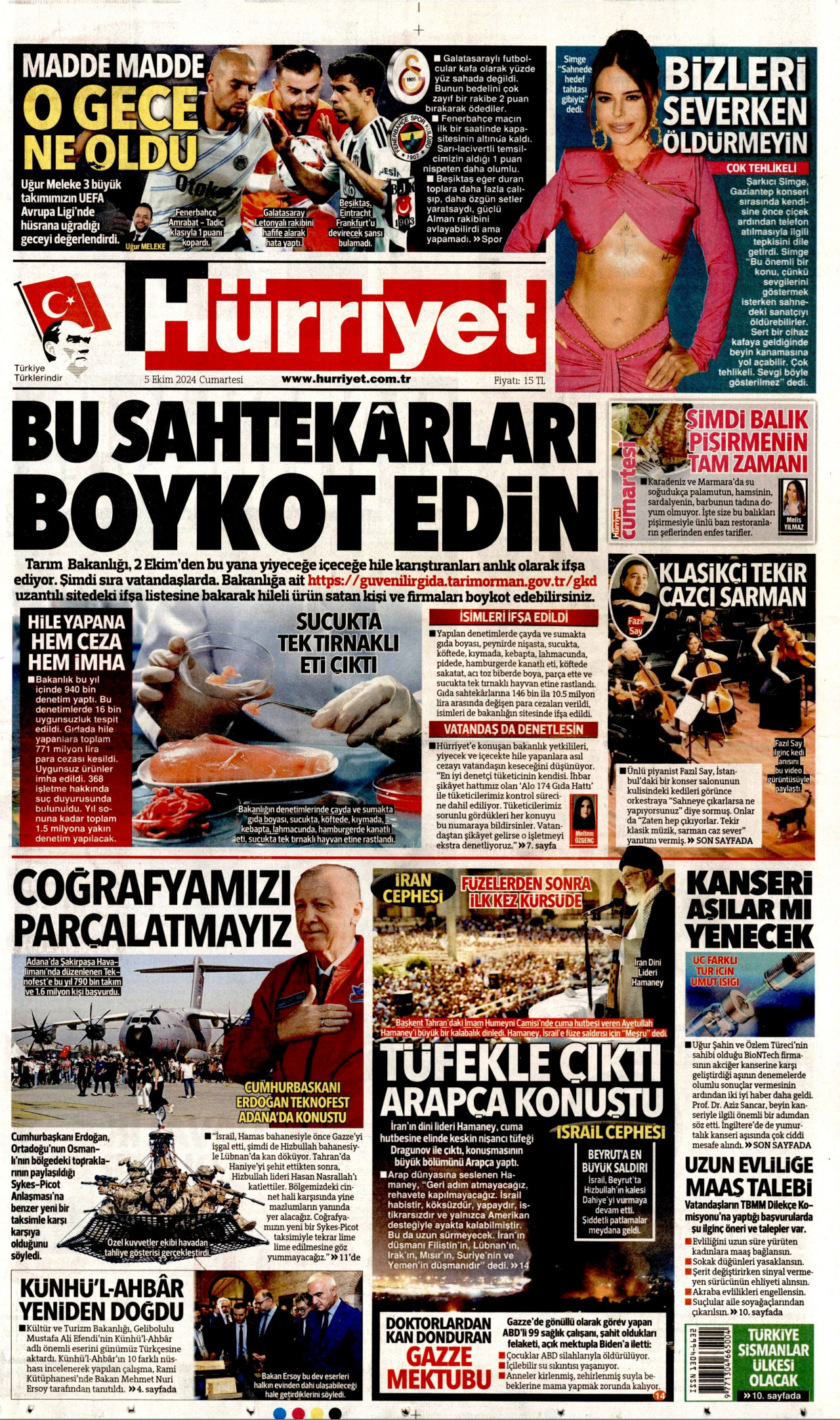 HÜRRİYET gazetesinin 5 Ekim 2024 tarihli birinci sayfası