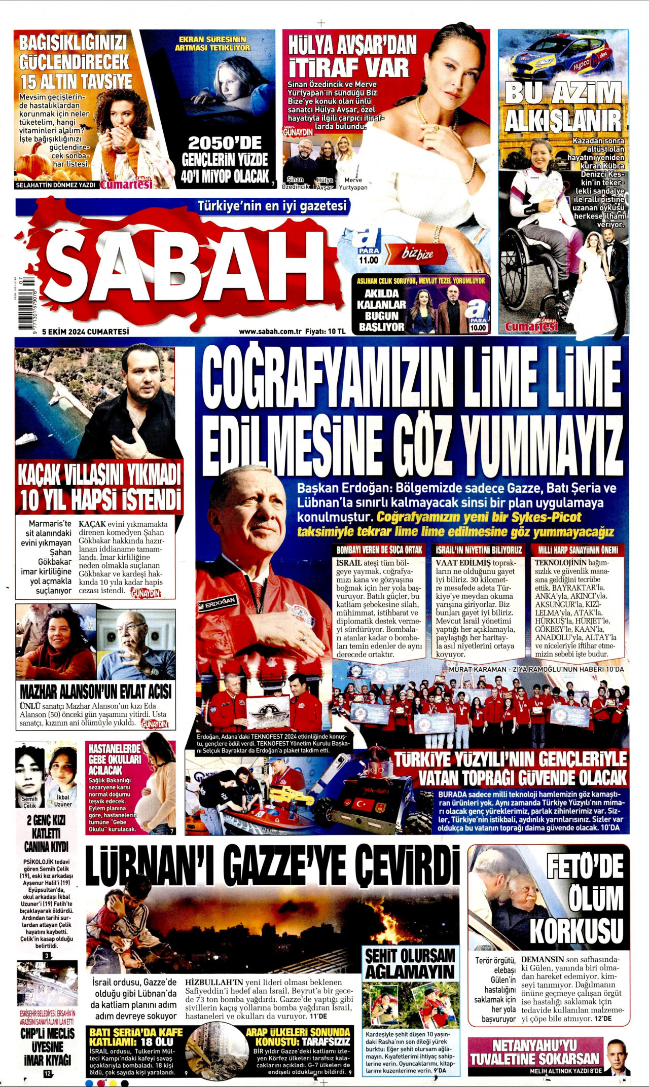 SABAH gazetesinin 5 Ekim 2024 tarihli birinci sayfası