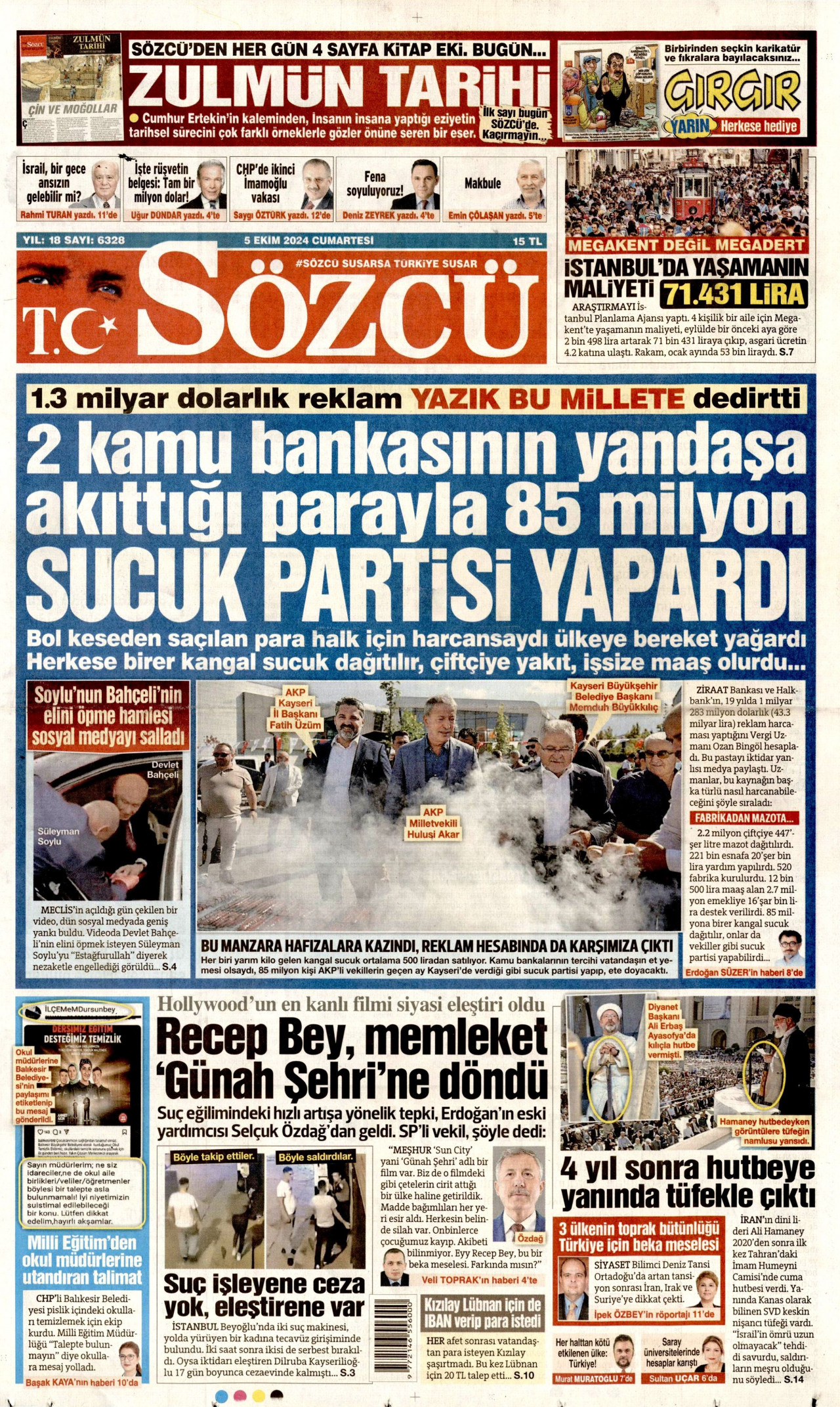 SÖZCÜ gazetesinin 5 Ekim 2024 tarihli birinci sayfası