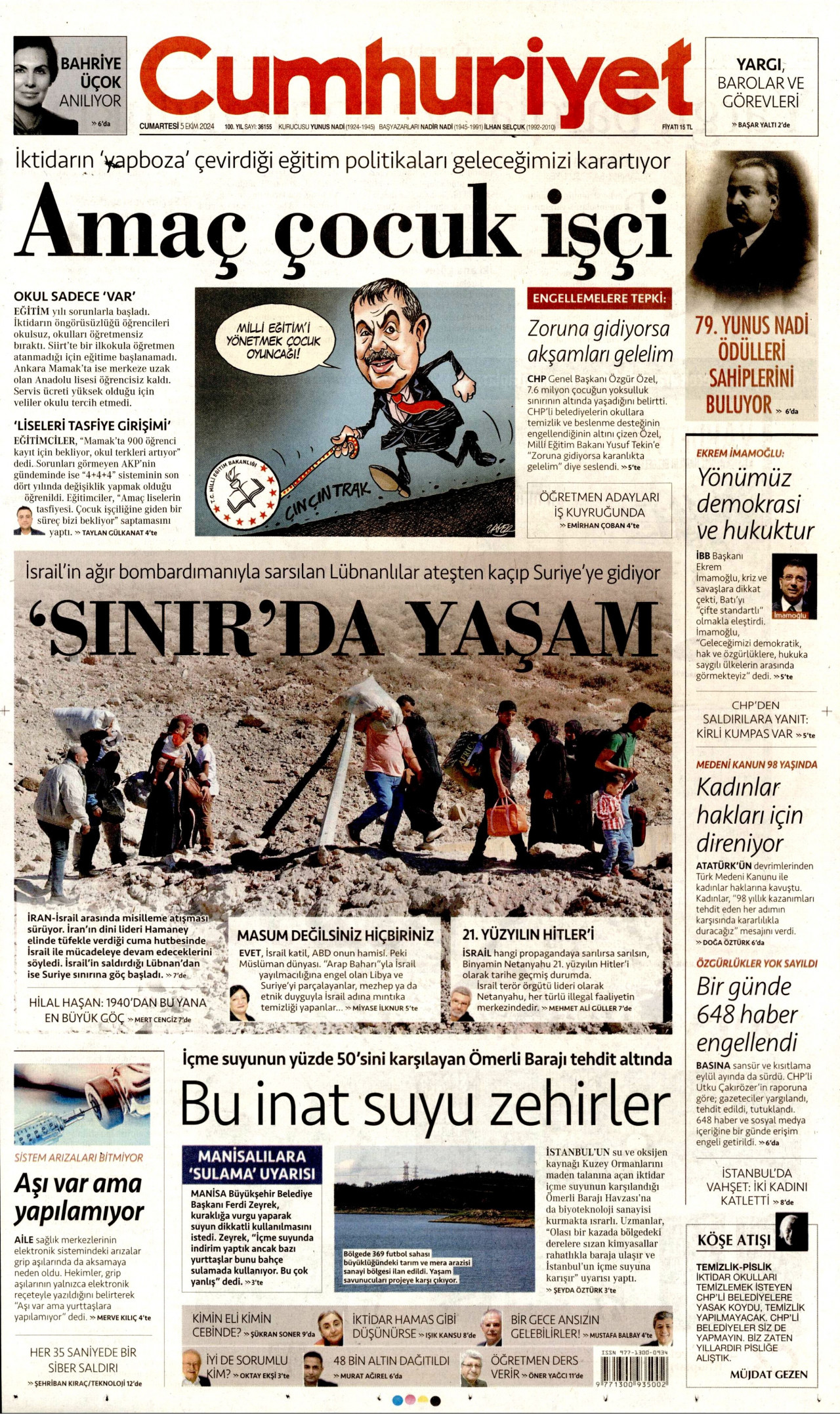 CUMHURİYET gazetesinin 5 Ekim 2024 tarihli birinci sayfası