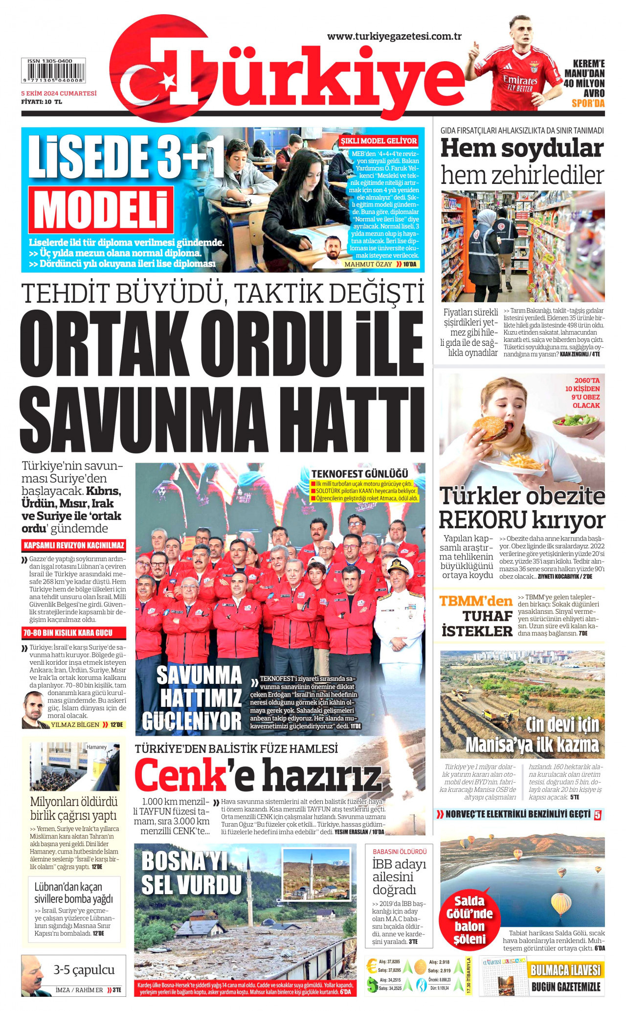 TÜRKİYE GAZETESİ gazetesinin 5 Ekim 2024 tarihli birinci sayfası