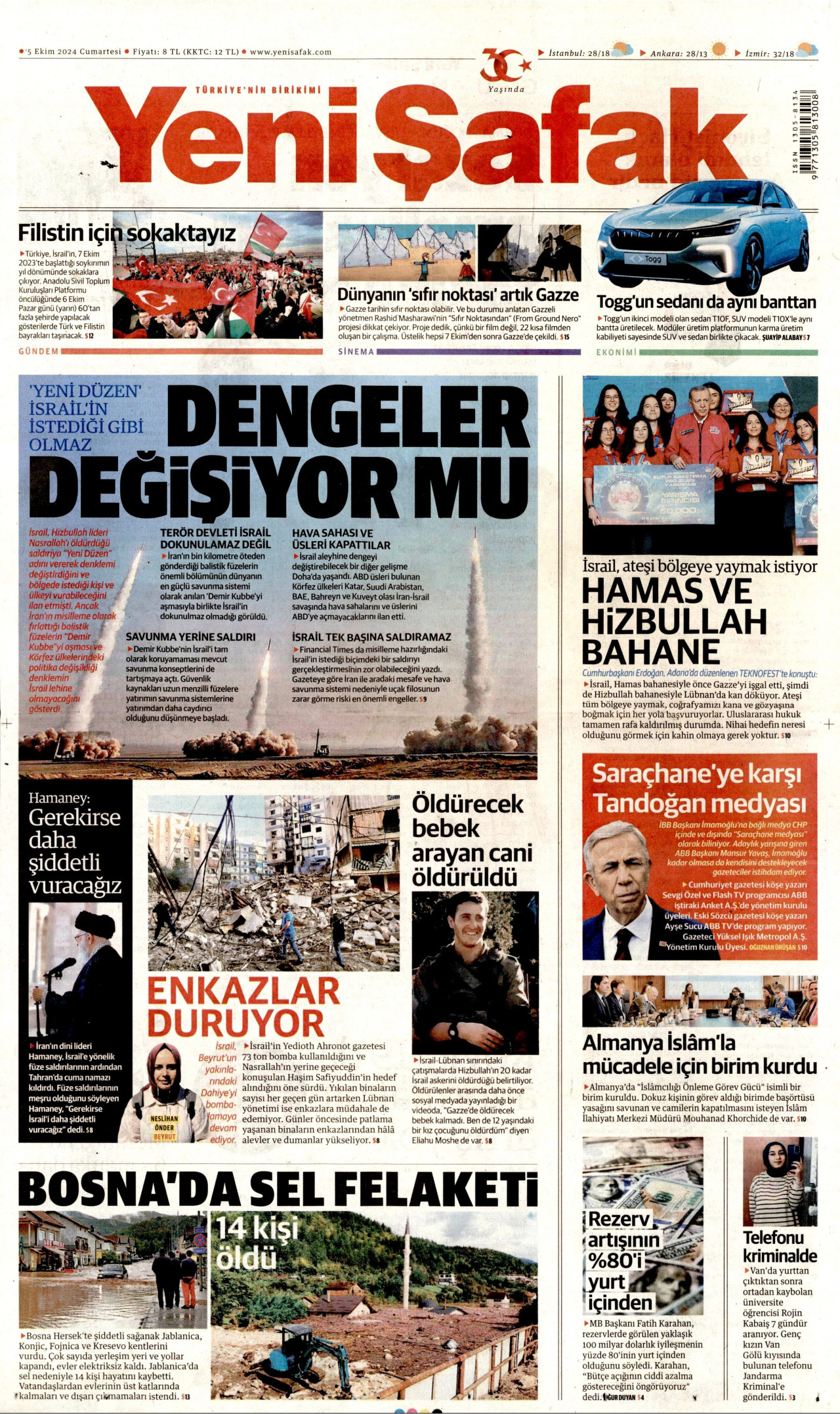 YENİ ŞAFAK gazetesinin 5 Ekim 2024 tarihli birinci sayfası