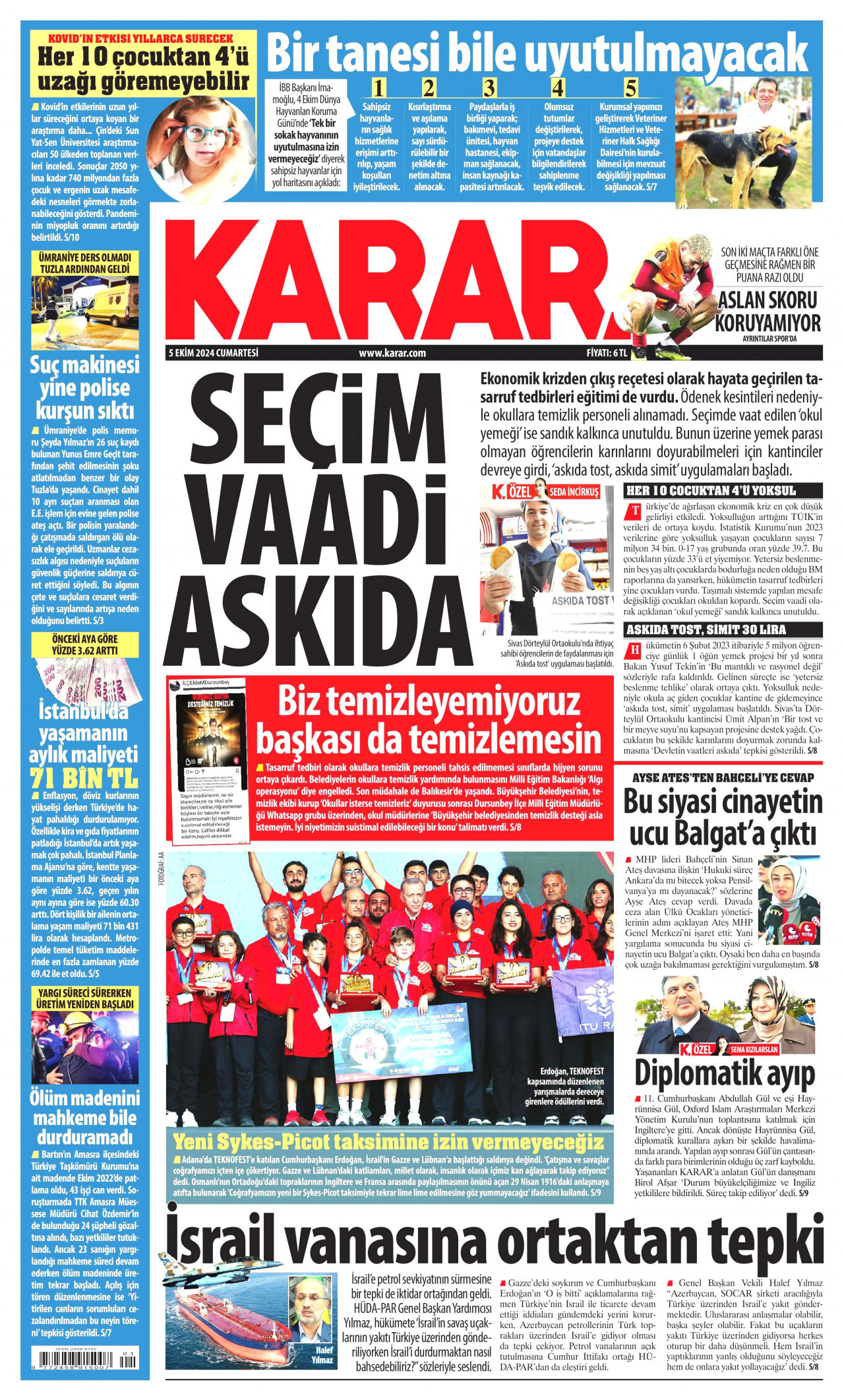 KARAR gazetesinin 5 Ekim 2024 tarihli birinci sayfası