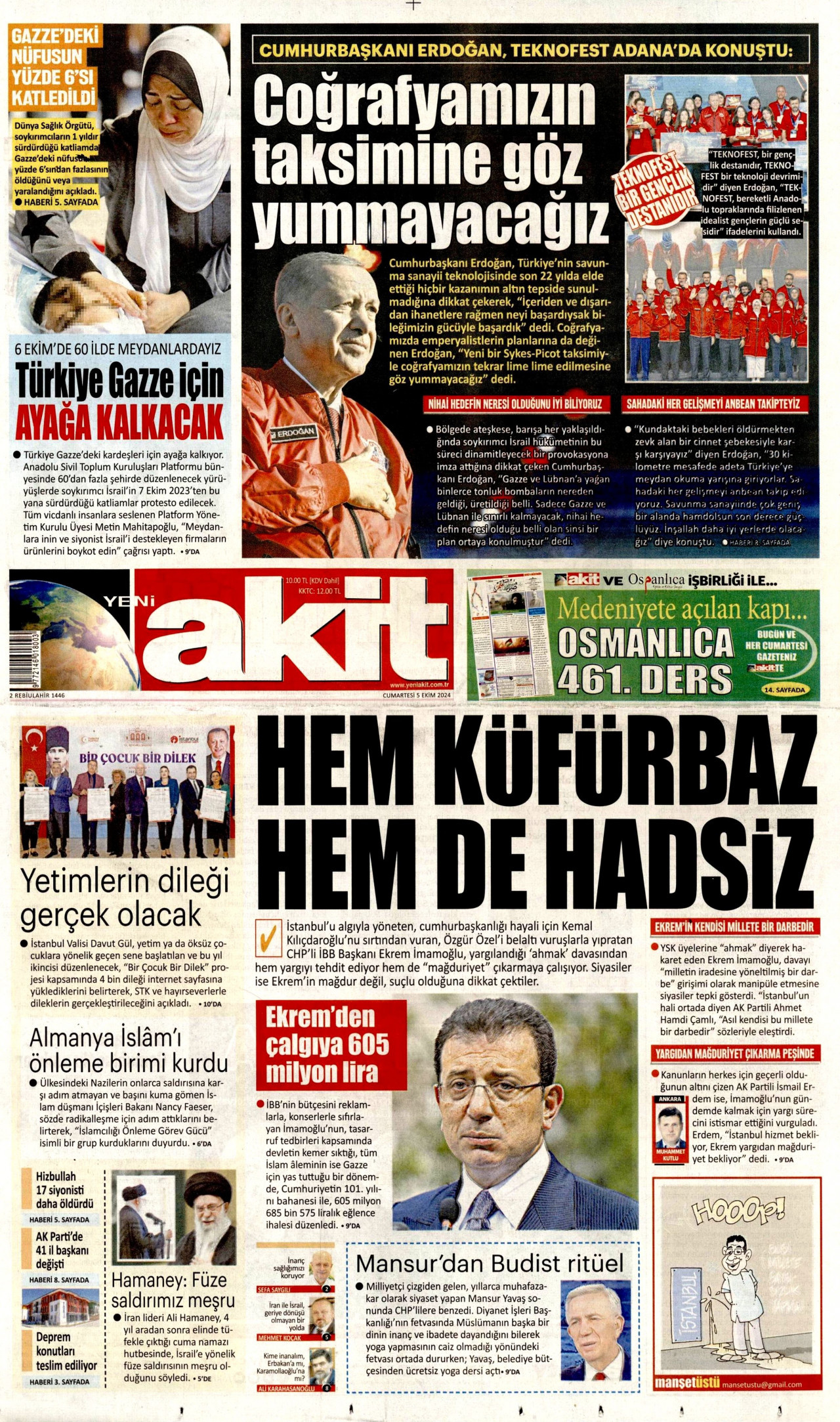 YENİ AKİT gazetesinin 5 Ekim 2024 tarihli birinci sayfası