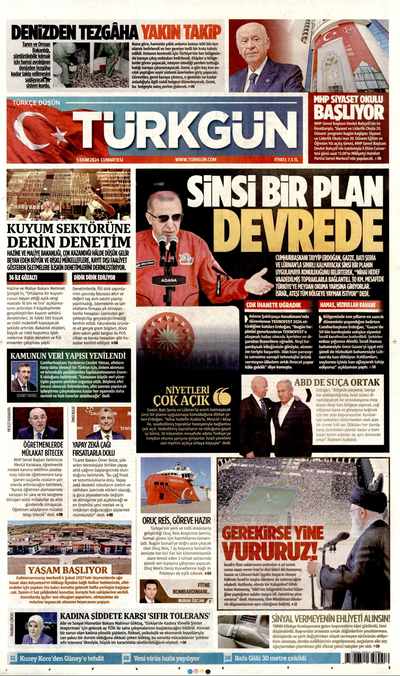 TÜRKGÜN gazetesinin 5 Ekim 2024 tarihli birinci sayfası