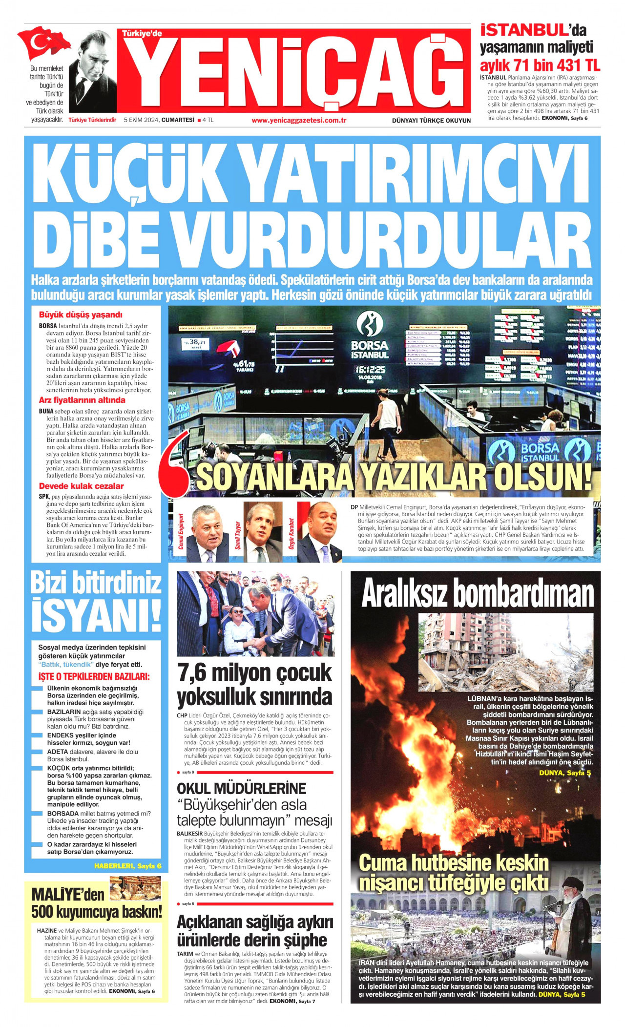 YENİÇAĞ gazetesinin 5 Ekim 2024 tarihli birinci sayfası