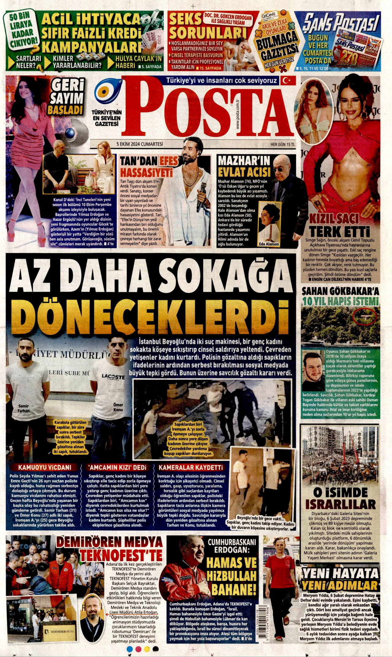 POSTA gazetesinin 5 Ekim 2024 tarihli birinci sayfası