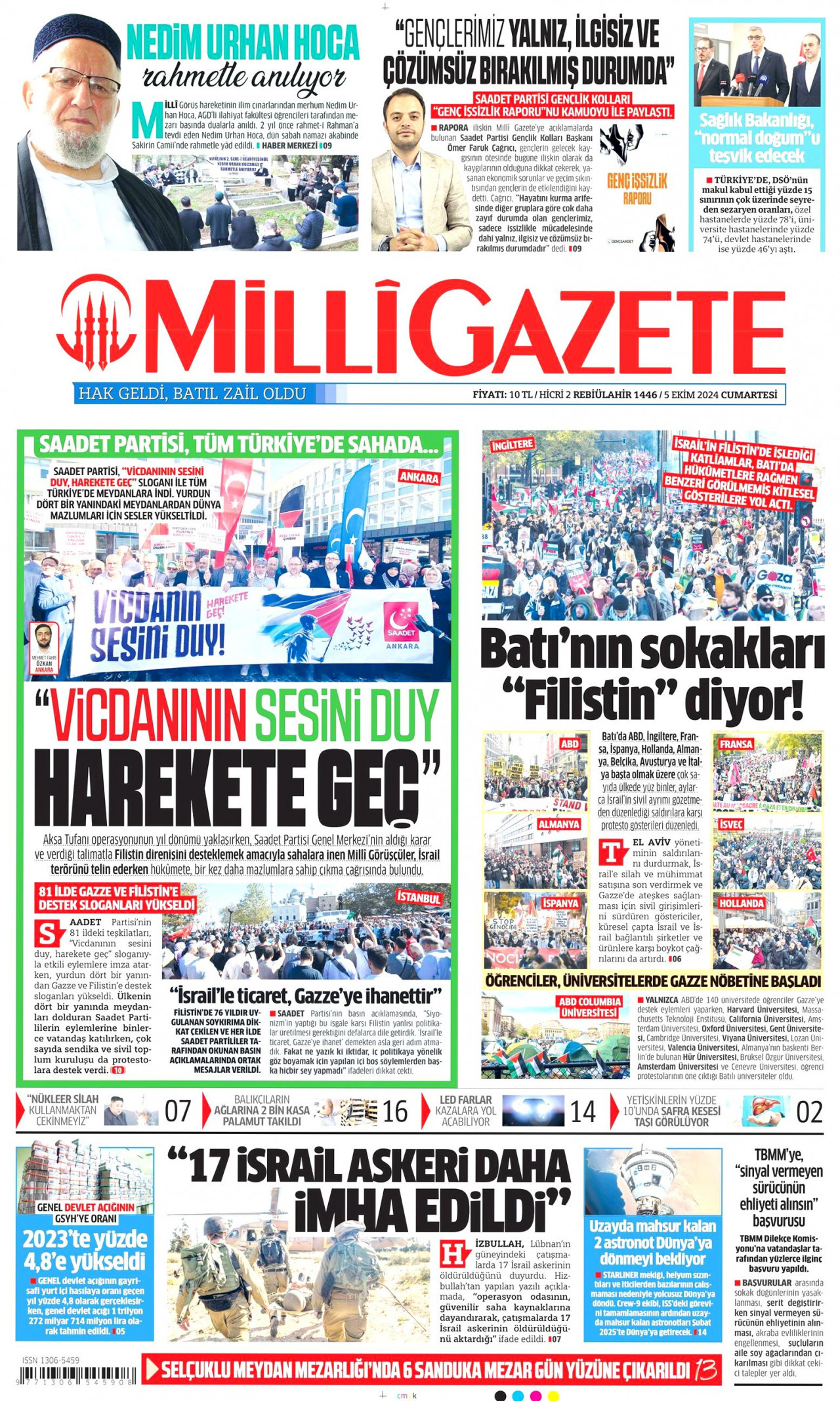 MİLLİ GAZETE gazetesinin 5 Ekim 2024 tarihli birinci sayfası