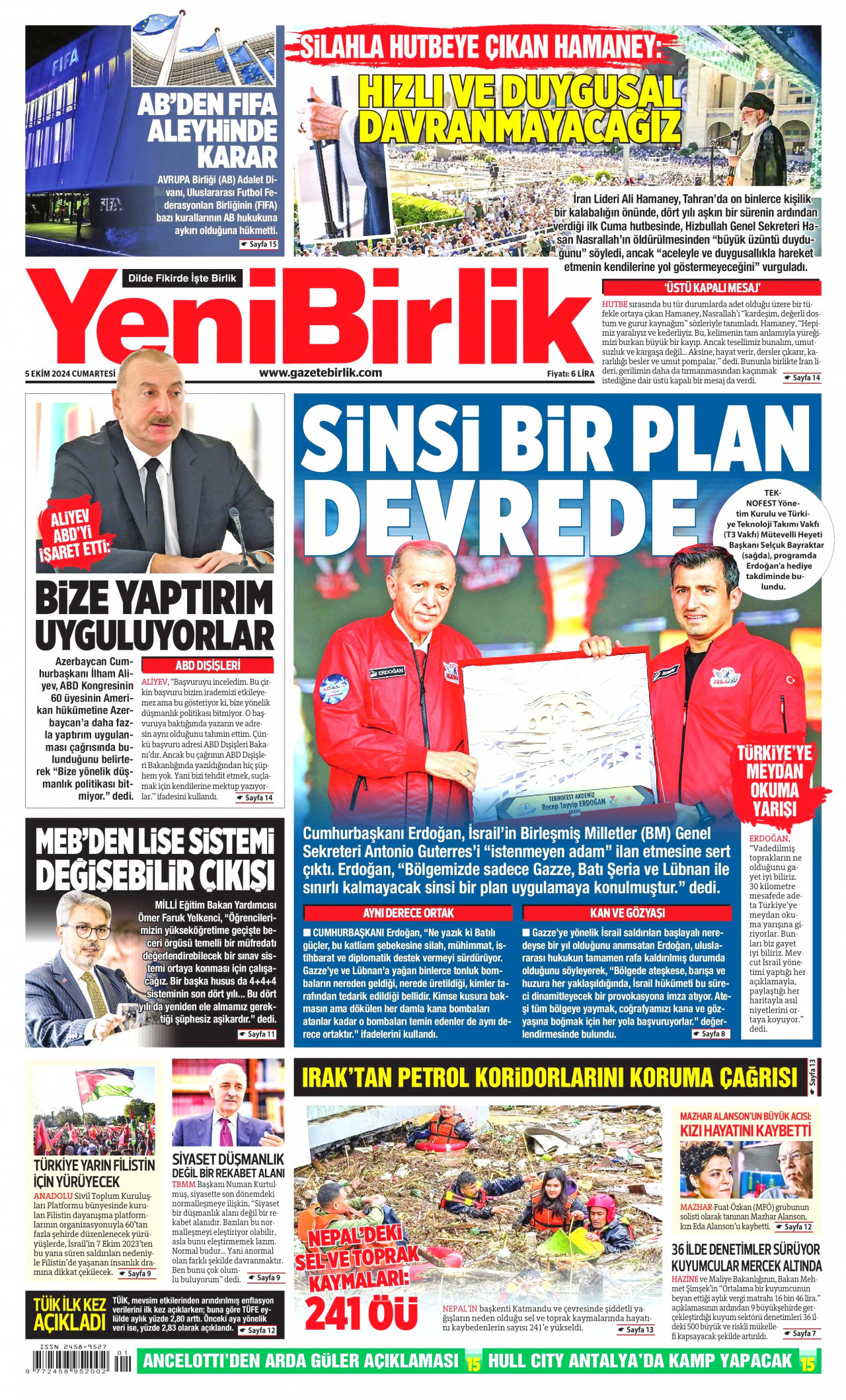 YENİBİRLİK gazetesinin 5 Ekim 2024 tarihli birinci sayfası