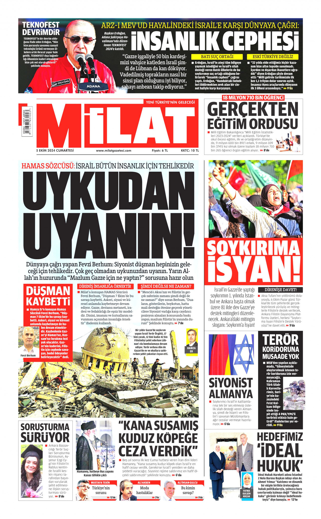 MİLAT gazetesinin 5 Ekim 2024 tarihli birinci sayfası