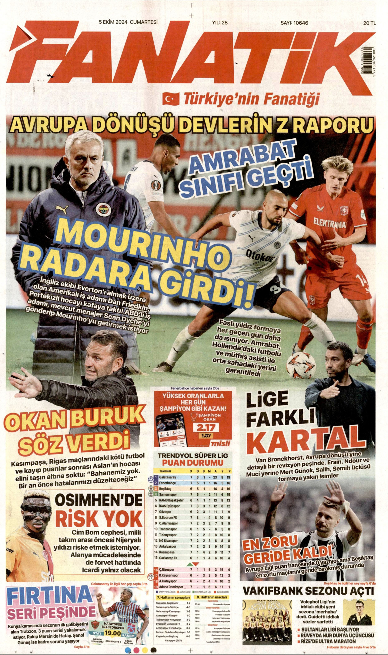 FANATİK gazetesinin 5 Ekim 2024 tarihli birinci sayfası