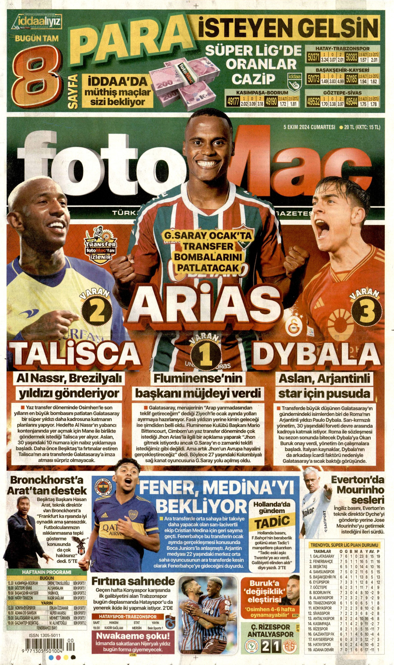 FOTOMAÇ gazetesinin 5 Ekim 2024 tarihli birinci sayfası