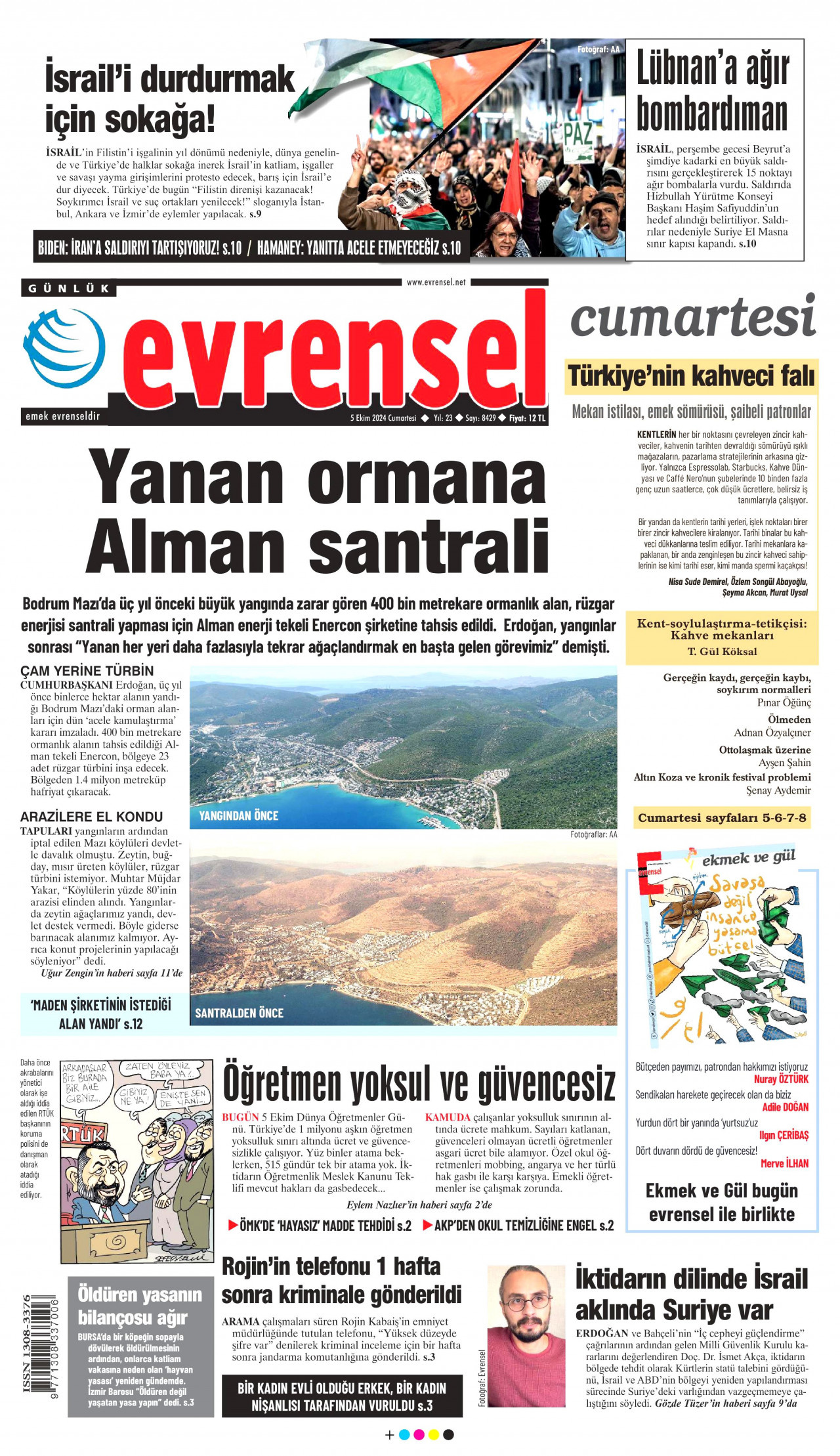 EVRENSEL gazetesinin 5 Ekim 2024 tarihli birinci sayfası