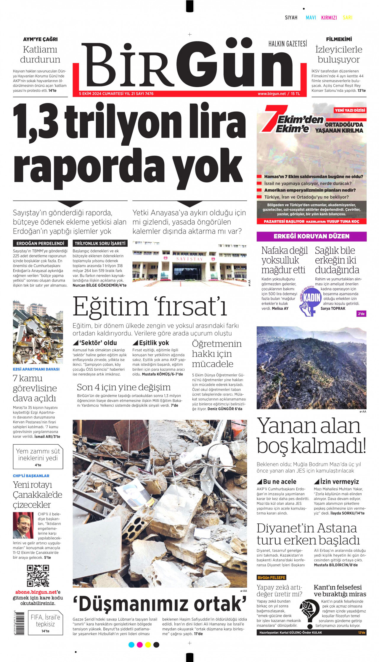 BİRGÜN gazetesinin 5 Ekim 2024 tarihli birinci sayfası