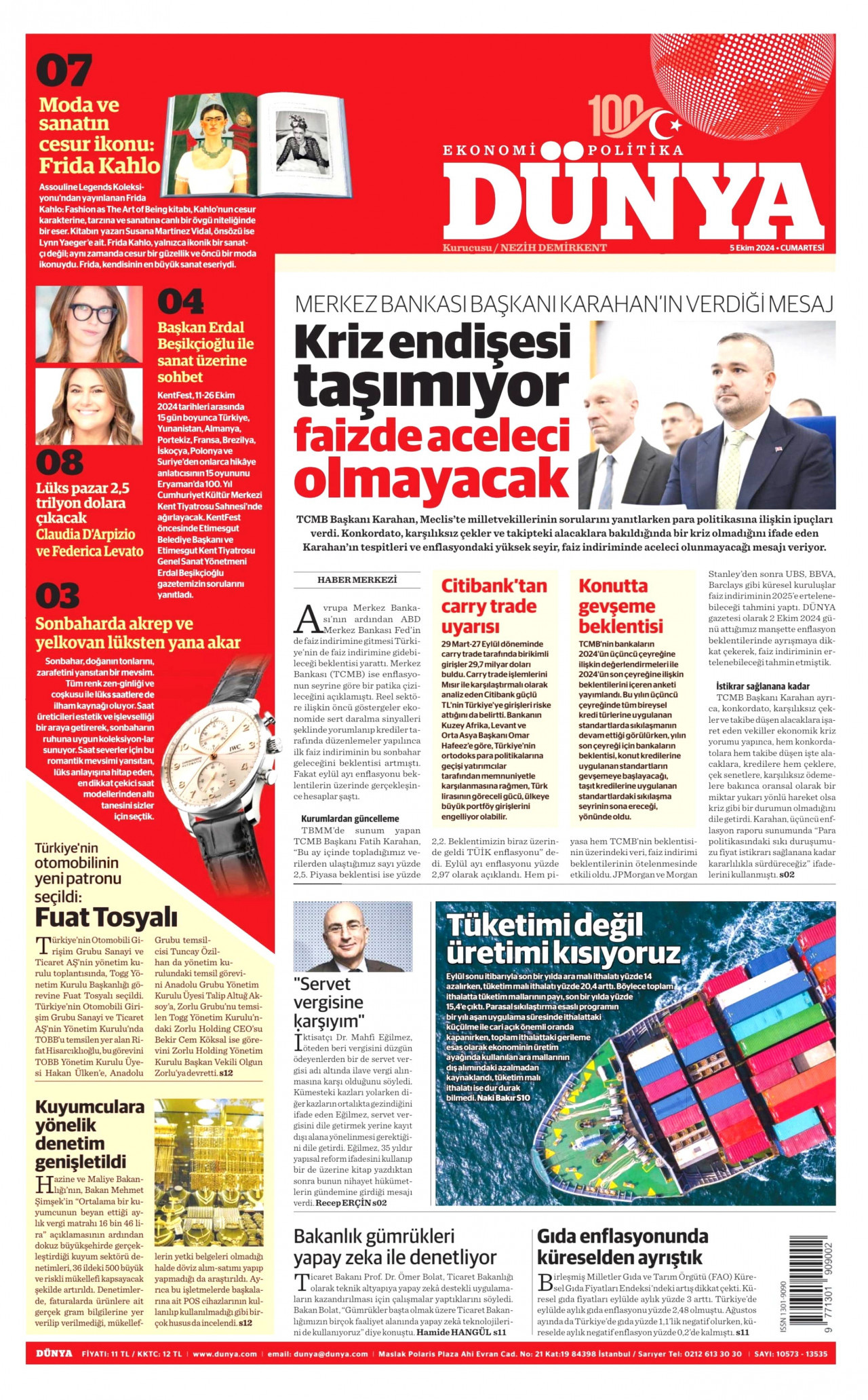 DÜNYA gazetesinin 5 Ekim 2024 tarihli birinci sayfası
