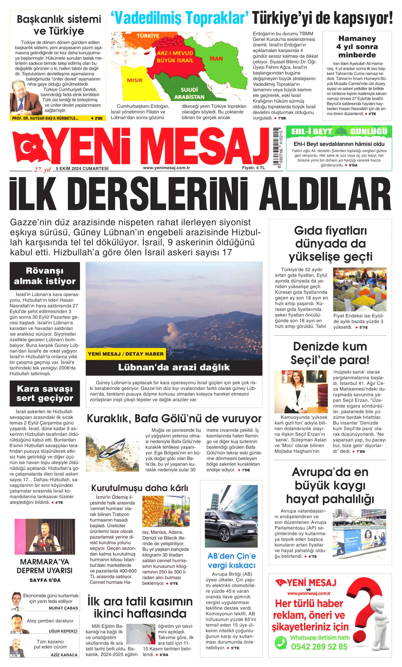 YENİ MESAJ gazetesinin 5 Ekim 2024 tarihli birinci sayfası