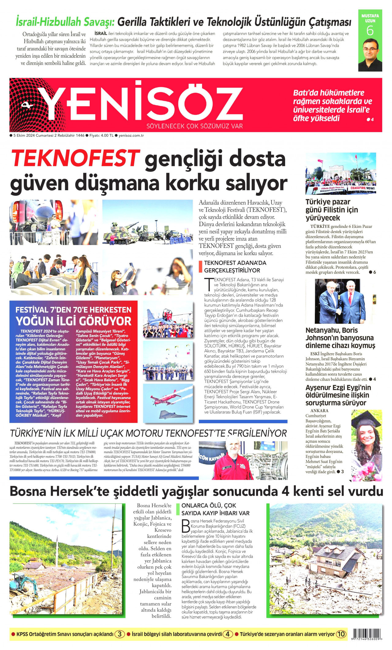 YENİ SÖZ GAZETESİ gazetesinin 5 Ekim 2024 tarihli birinci sayfası