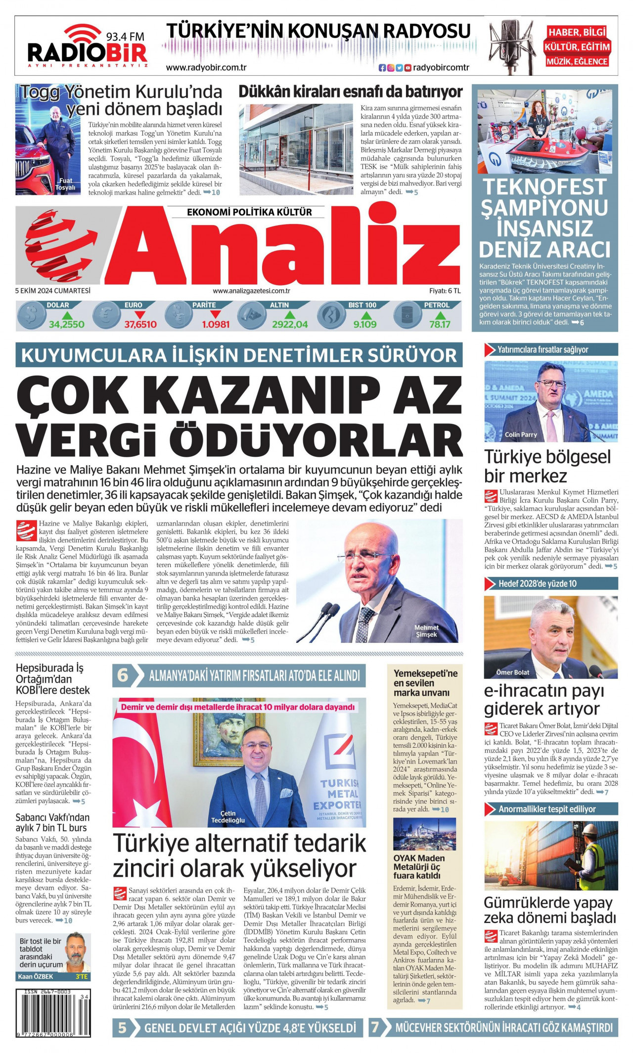 ANALİZ gazetesinin 5 Ekim 2024 tarihli birinci sayfası