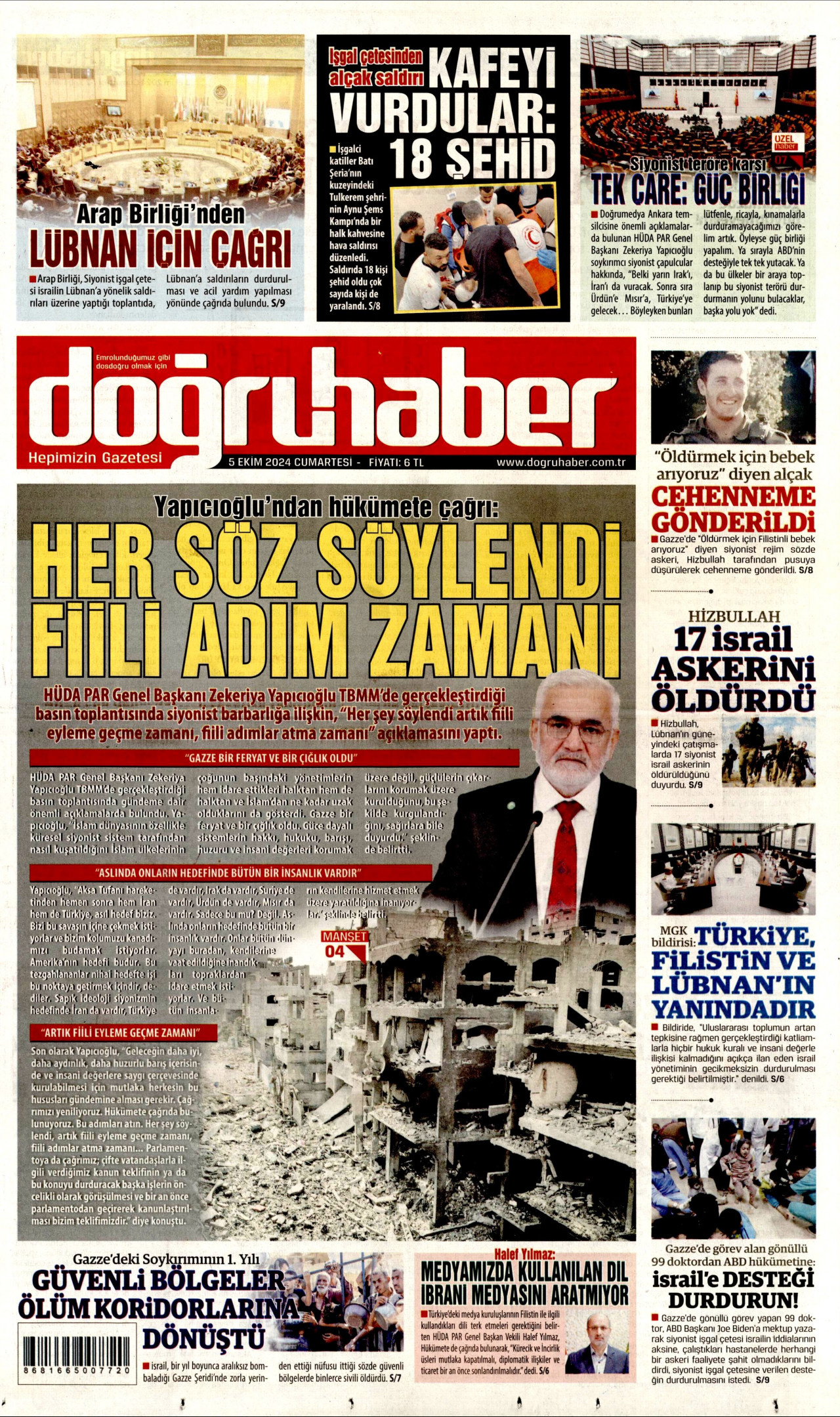 DOĞRU HABER gazetesinin 5 Ekim 2024 tarihli birinci sayfası